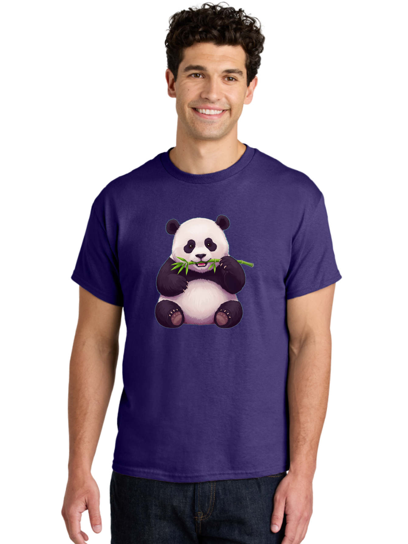 Panda-Eating-Bamboo Men'S Graphic Tee, 100% Cotton, Comfortable Casual Summer Wear, Machine Washable, Panda Eating Bamboo, Cute Panda, Cartoon Panda, Panda Bear, Bamboo Shoots, Black And White Panda, Adorable Animal, Cartoon Character Bae585