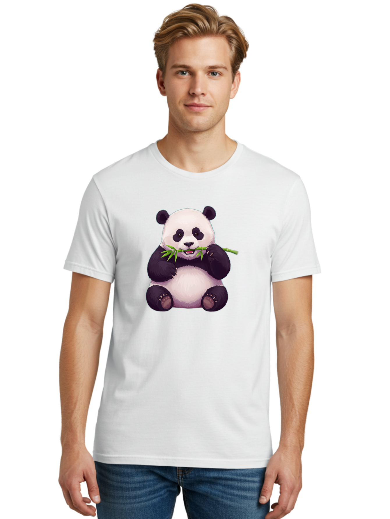 Panda-Eating-Bamboo Men'S Graphic Tee, 100% Cotton, Comfortable Casual Summer Wear, Machine Washable, Panda Eating Bamboo, Cute Panda, Cartoon Panda, Panda Bear, Bamboo Shoots, Black And White Panda, Adorable Animal, Cartoon Character Bae585