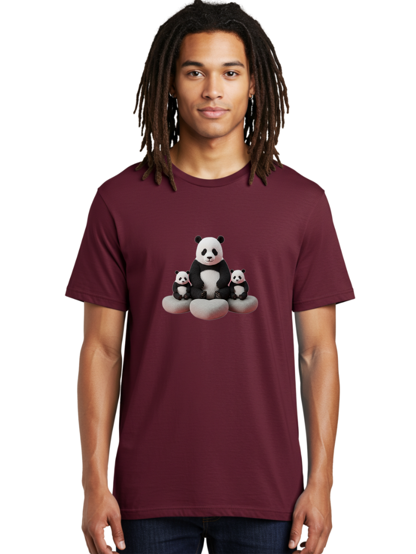 Panda-Family-1 Men'S Graphic Tee, 100% Cotton, Comfortable Casual Summer Wear, Machine Washable, Panda Bear, Panda Cubs, Family Portrait, Cute Animals, Adorable Creatures, Black And White Fur, Sitting On Rocks, Tender Moment, Bae586