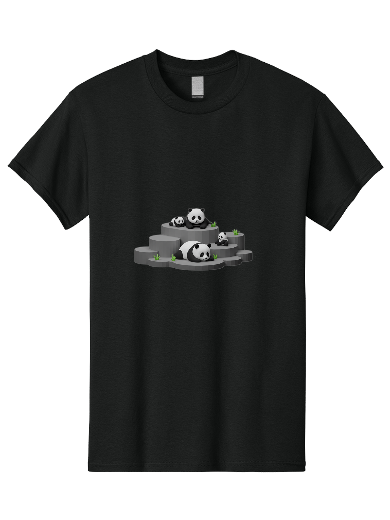 Panda-Family-2 Men'S Graphic Tee, 100% Cotton, Comfortable Casual Summer Wear, Machine Washable, Panda Bears, Family Portrait, Cute Animals, 3D Rendering, Panda Cubs, Gray Platforms, Green Plants, Cartoon Style, Adorable Creatures, Bae587