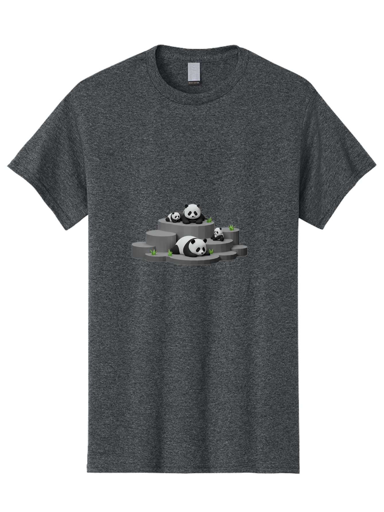 Panda-Family-2 Men'S Graphic Tee, 100% Cotton, Comfortable Casual Summer Wear, Machine Washable, Panda Bears, Family Portrait, Cute Animals, 3D Rendering, Panda Cubs, Gray Platforms, Green Plants, Cartoon Style, Adorable Creatures, Bae587