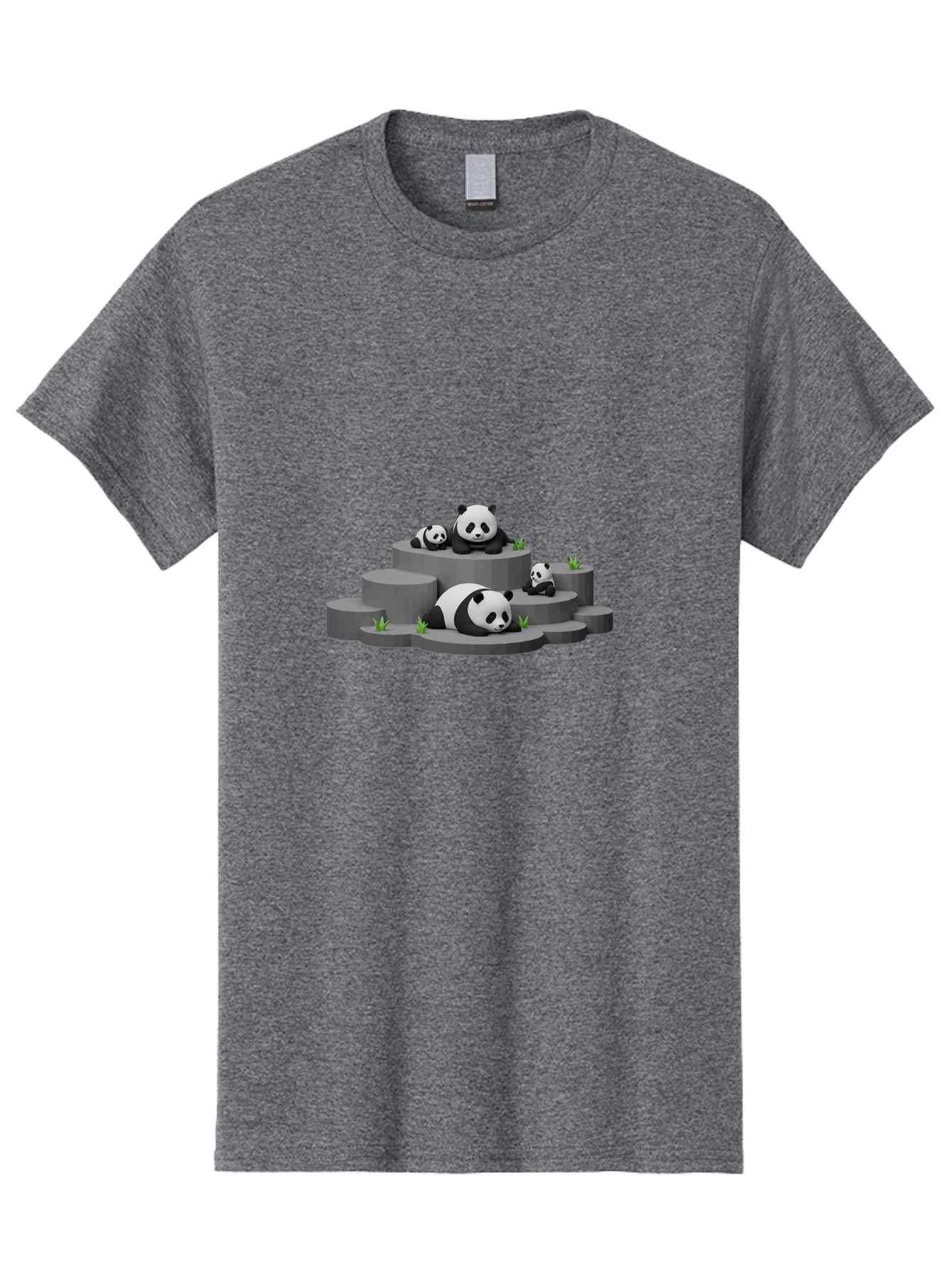 Panda-Family-2 Men'S Graphic Tee, 100% Cotton, Comfortable Casual Summer Wear, Machine Washable, Panda Bears, Family Portrait, Cute Animals, 3D Rendering, Panda Cubs, Gray Platforms, Green Plants, Cartoon Style, Adorable Creatures, Bae587
