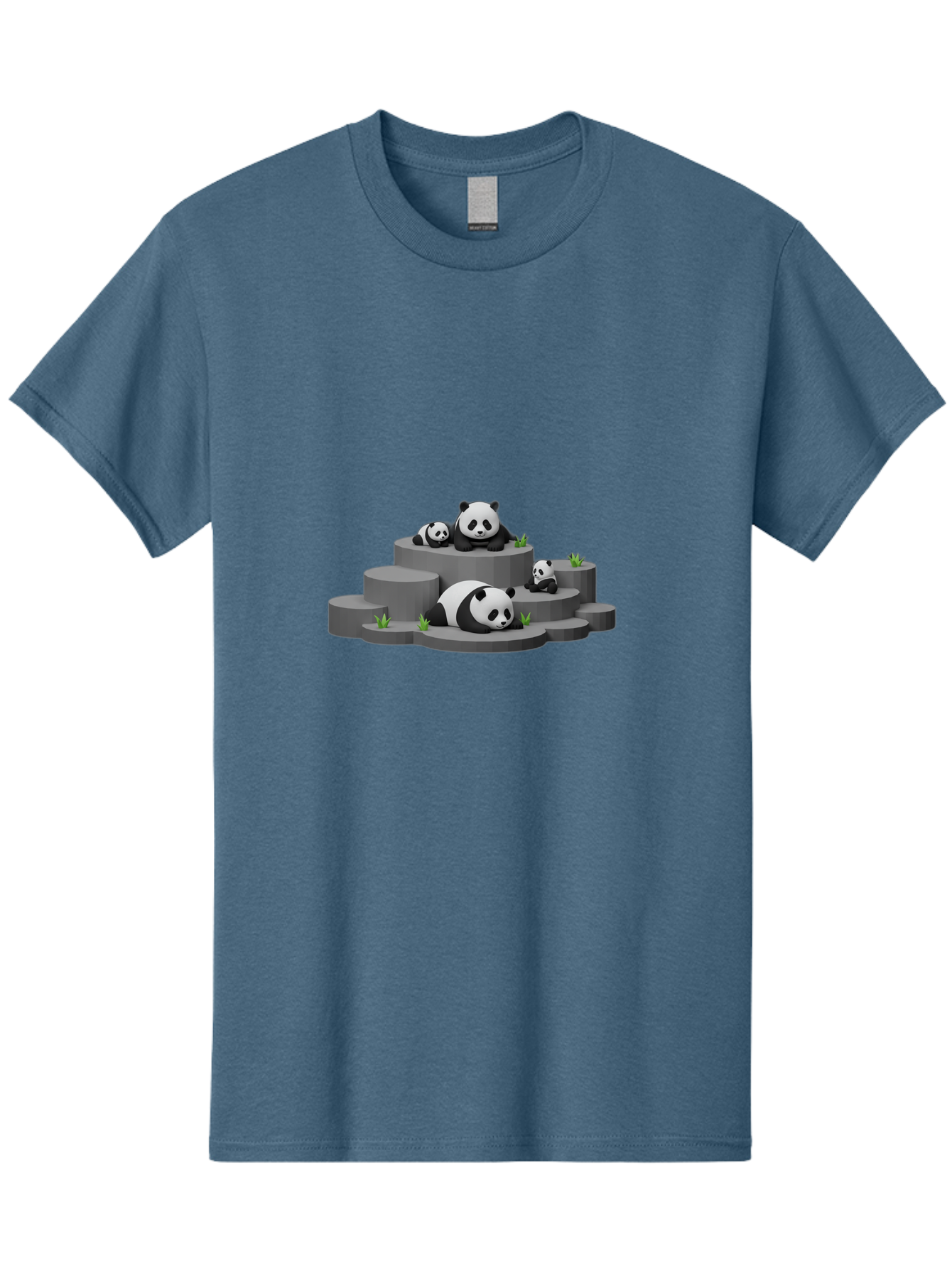 Panda-Family-2 Men'S Graphic Tee, 100% Cotton, Comfortable Casual Summer Wear, Machine Washable, Panda Bears, Family Portrait, Cute Animals, 3D Rendering, Panda Cubs, Gray Platforms, Green Plants, Cartoon Style, Adorable Creatures, Bae587
