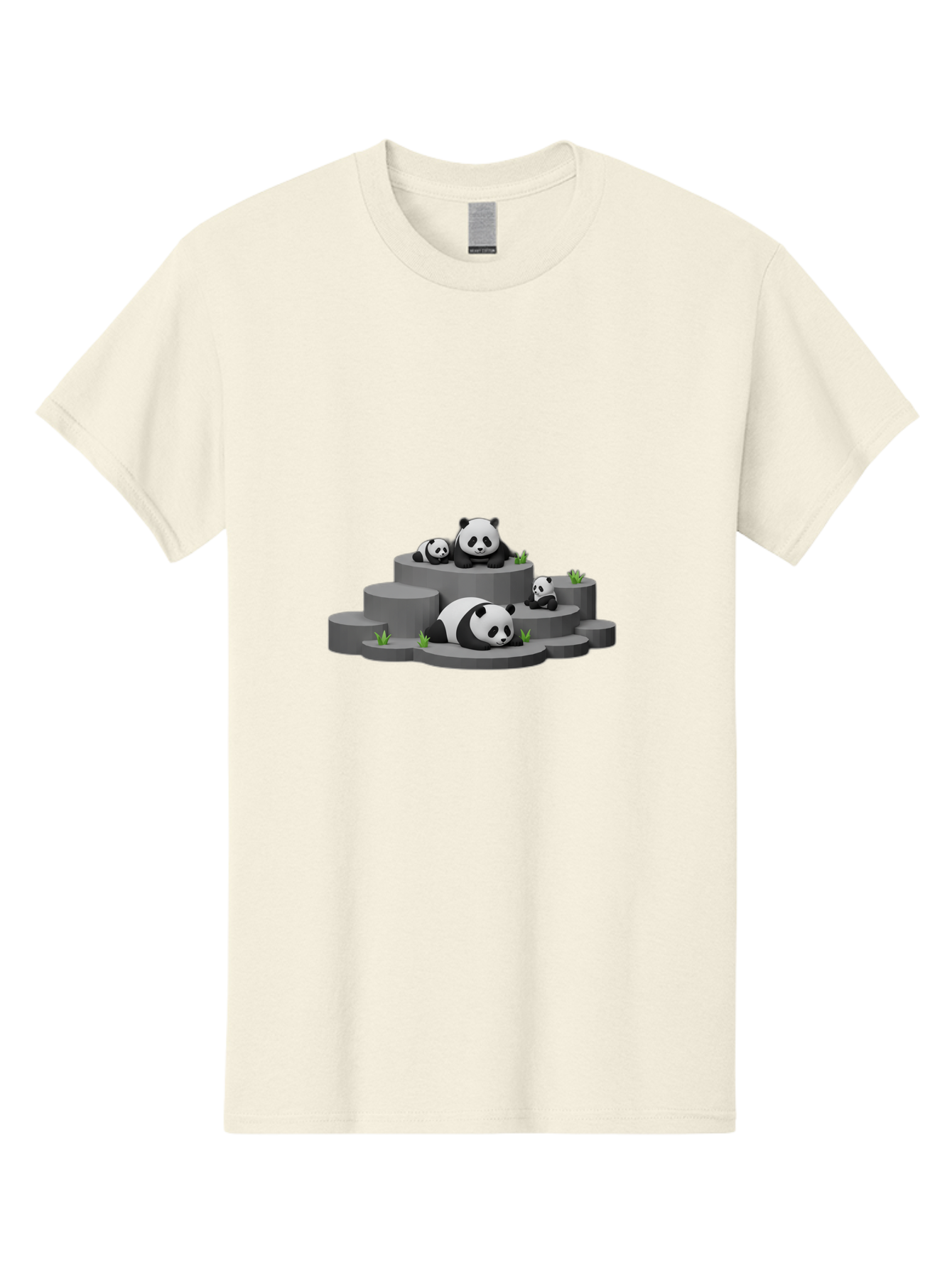 Panda-Family-2 Men'S Graphic Tee, 100% Cotton, Comfortable Casual Summer Wear, Machine Washable, Panda Bears, Family Portrait, Cute Animals, 3D Rendering, Panda Cubs, Gray Platforms, Green Plants, Cartoon Style, Adorable Creatures, Bae587