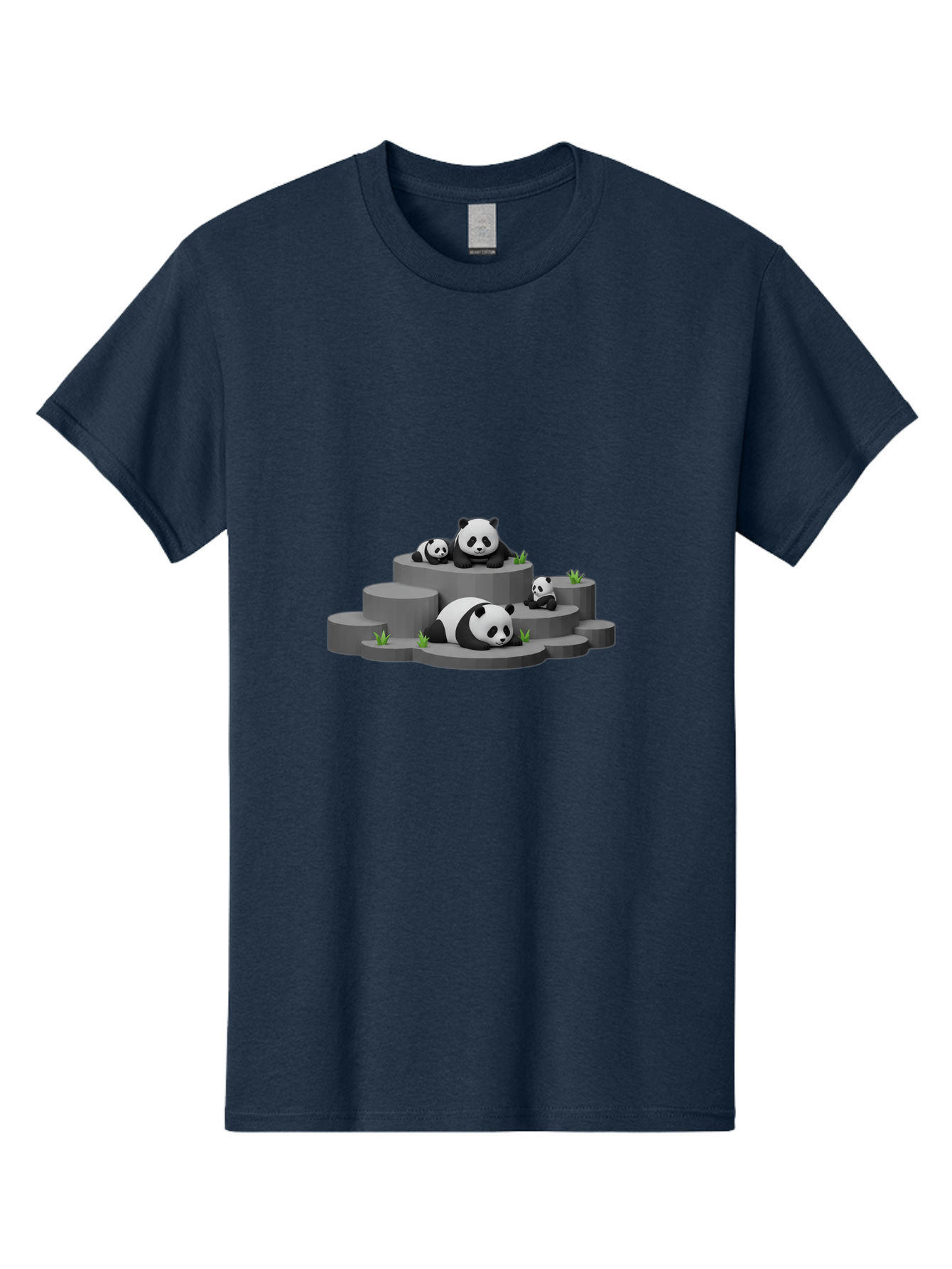 Panda-Family-2 Men'S Graphic Tee, 100% Cotton, Comfortable Casual Summer Wear, Machine Washable, Panda Bears, Family Portrait, Cute Animals, 3D Rendering, Panda Cubs, Gray Platforms, Green Plants, Cartoon Style, Adorable Creatures, Bae587