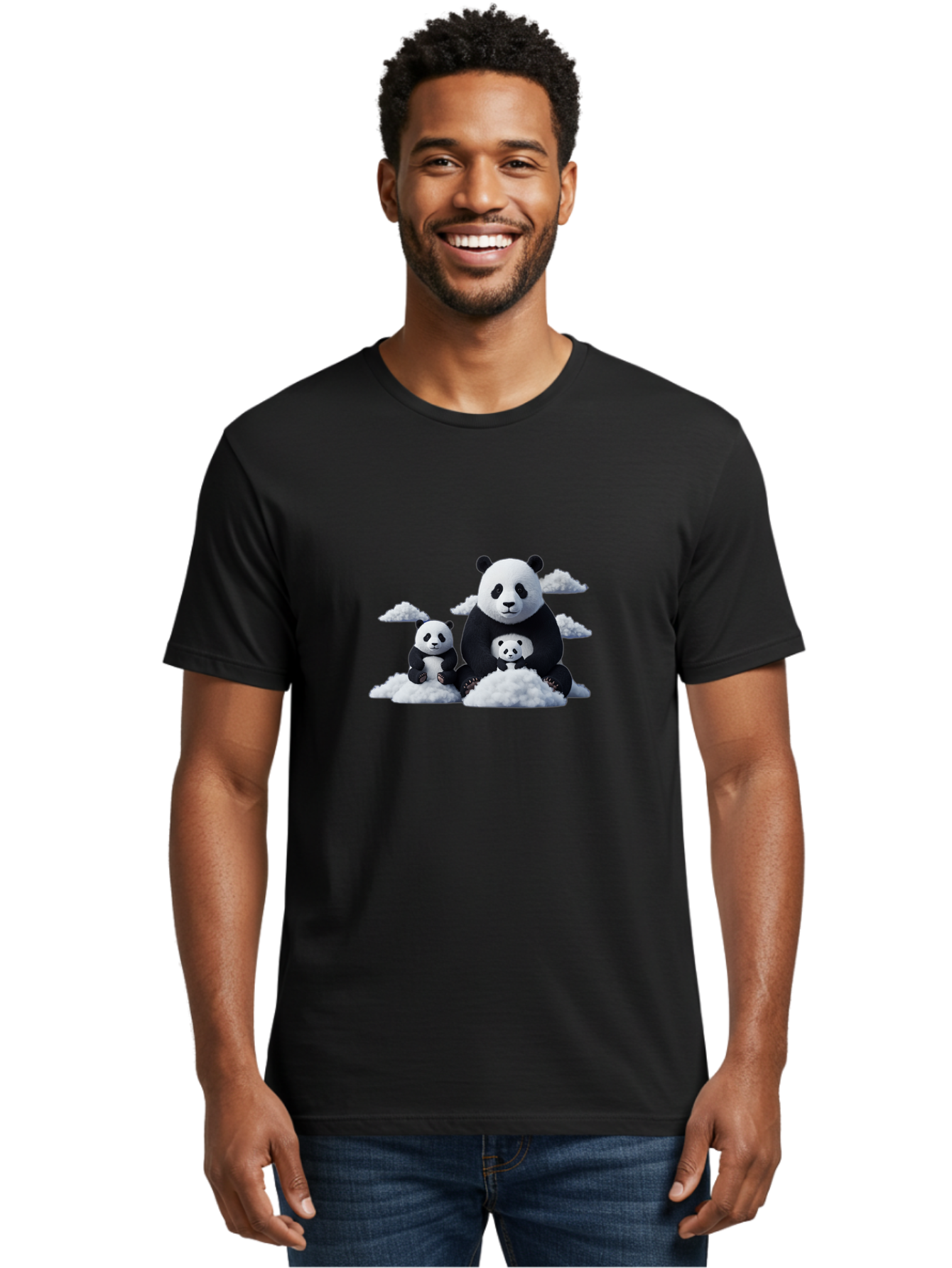 Panda-Family-3 Men'S Graphic Tee, 100% Cotton, Comfortable Casual Summer Wear, Machine Washable, Panda Bear Family, Giant Panda, Cute Pandas, Cartoon Style, Fluffy Clouds, Black And White, Adorable Animals, Happy Family, Digital Art, Bae588