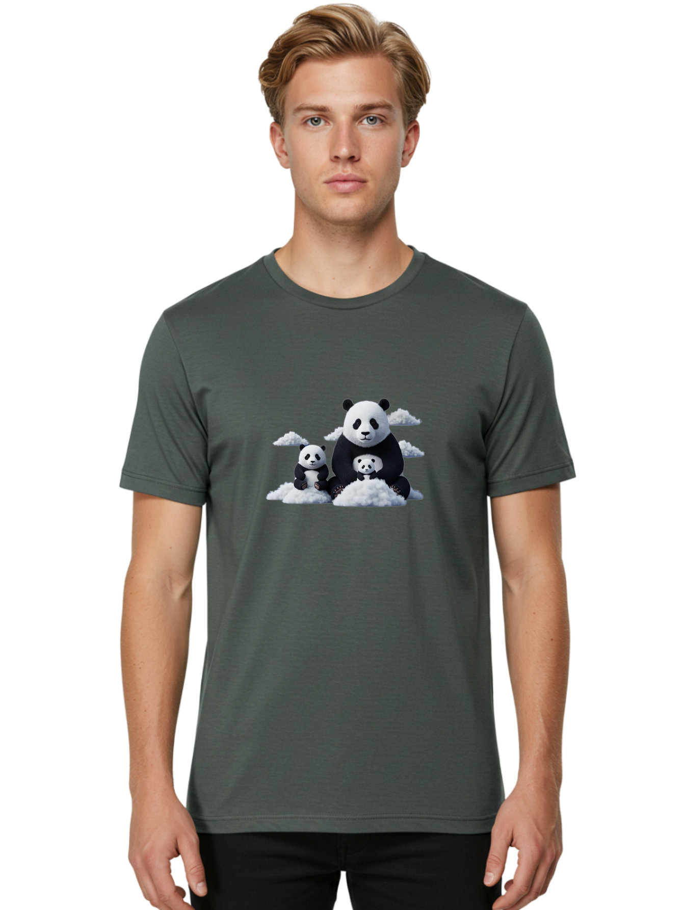 Panda-Family-3 Men'S Graphic Tee, 100% Cotton, Comfortable Casual Summer Wear, Machine Washable, Panda Bear Family, Giant Panda, Cute Pandas, Cartoon Style, Fluffy Clouds, Black And White, Adorable Animals, Happy Family, Digital Art, Bae588