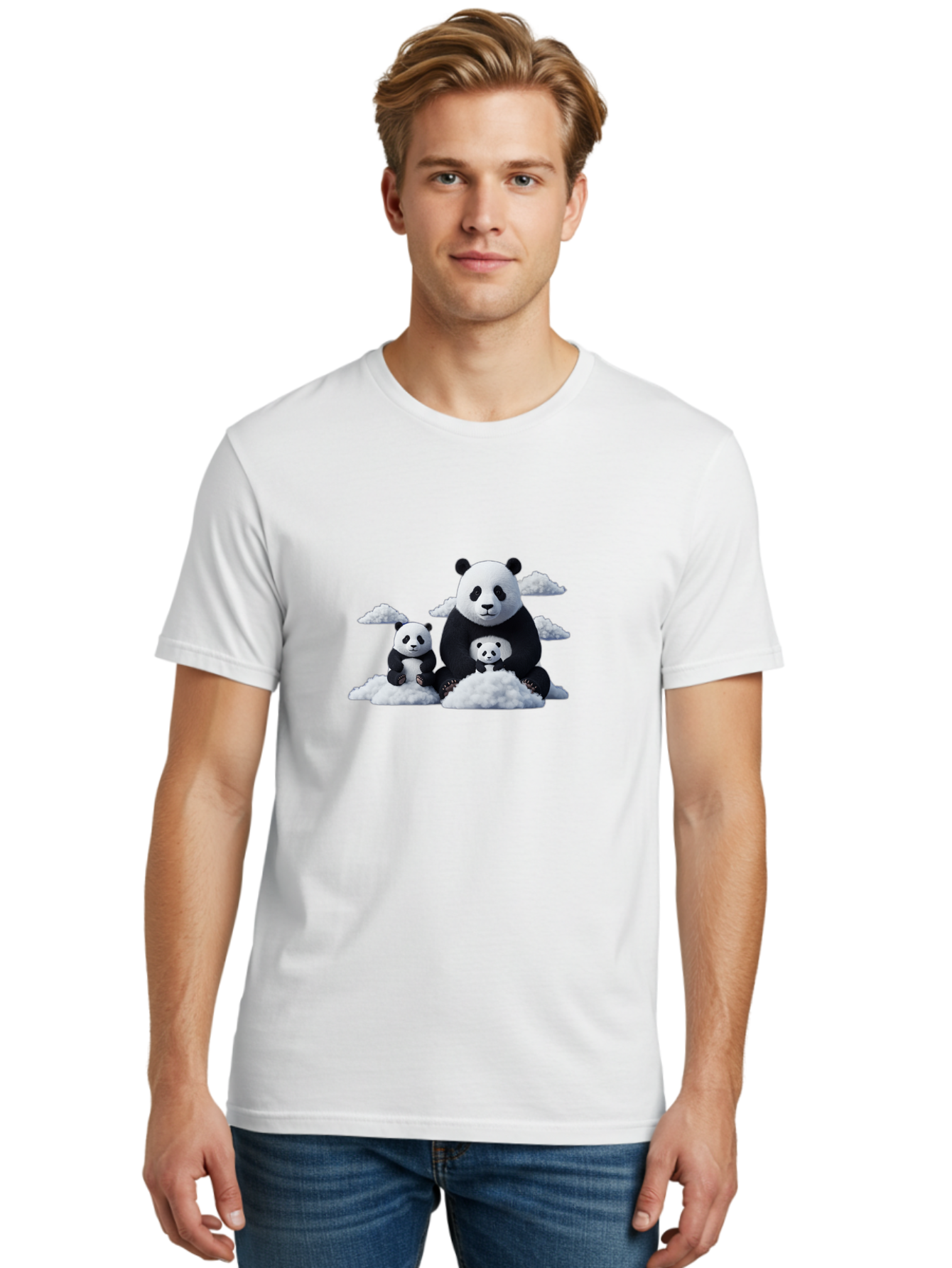 Panda-Family-3 Men'S Graphic Tee, 100% Cotton, Comfortable Casual Summer Wear, Machine Washable, Panda Bear Family, Giant Panda, Cute Pandas, Cartoon Style, Fluffy Clouds, Black And White, Adorable Animals, Happy Family, Digital Art, Bae588