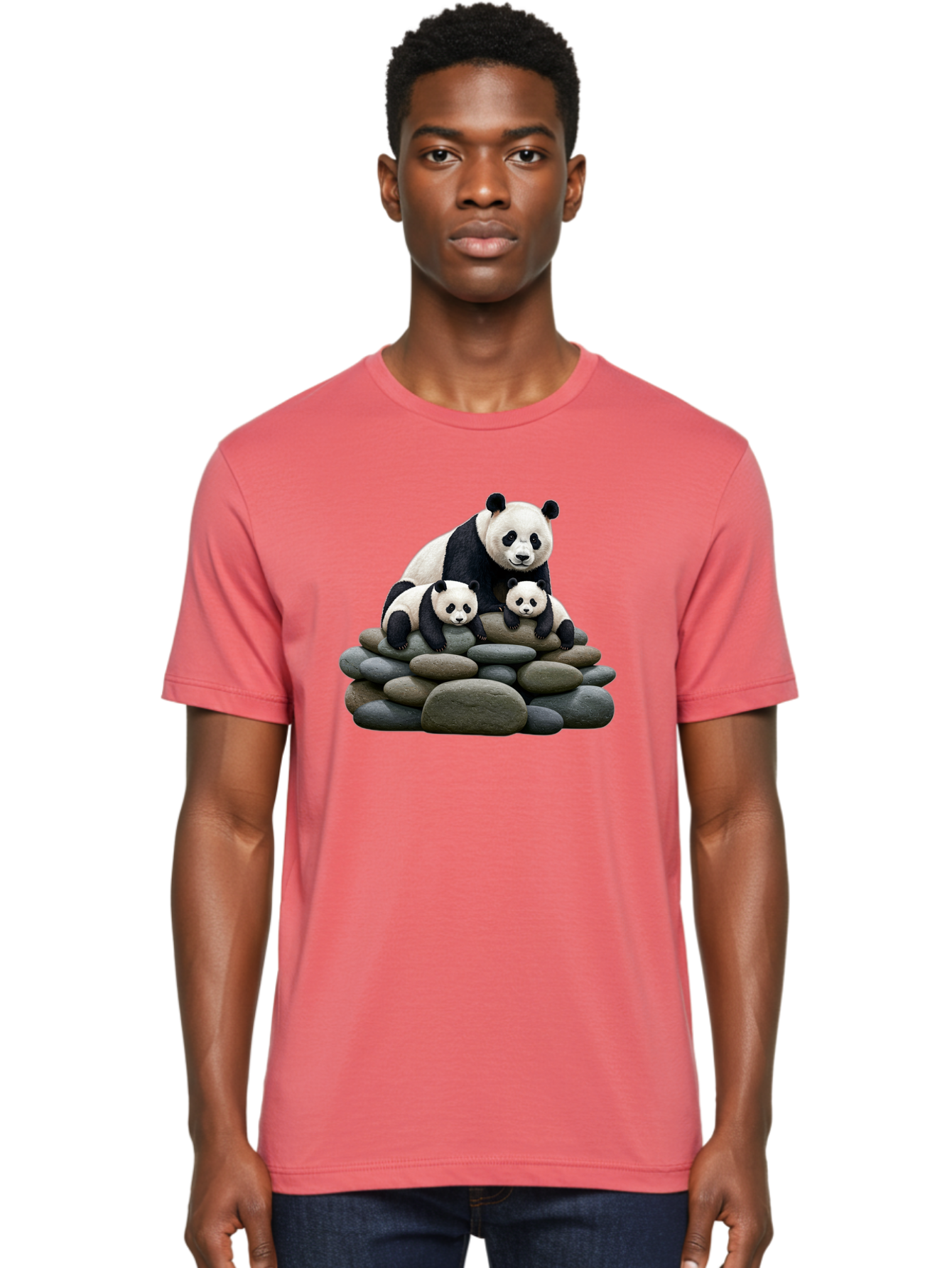 Panda-Family-4 Men'S Graphic Tee, 100% Cotton, Comfortable Casual Summer Wear, Machine Washable, Panda Bear Mom, Baby Pandas, Adorable Animals, Giant Panda, Cute Cubs, Panda Family, Animal Portrait, Wildlife Art Bae589