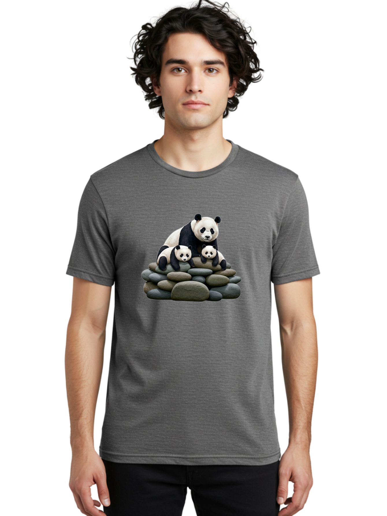 Panda-Family-4 Men'S Graphic Tee, 100% Cotton, Comfortable Casual Summer Wear, Machine Washable, Panda Bear Mom, Baby Pandas, Adorable Animals, Giant Panda, Cute Cubs, Panda Family, Animal Portrait, Wildlife Art Bae589