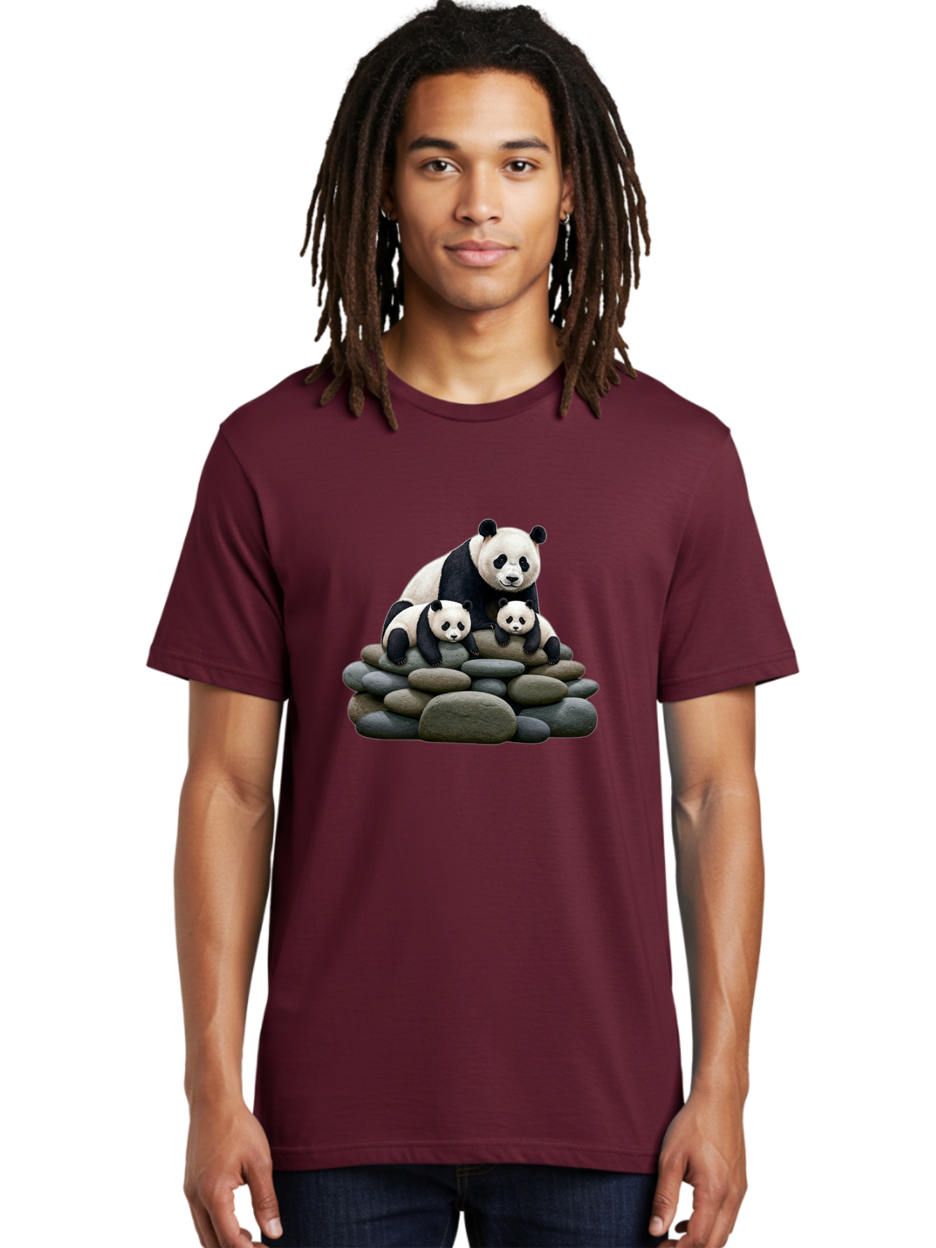 Panda-Family-4 Men'S Graphic Tee, 100% Cotton, Comfortable Casual Summer Wear, Machine Washable, Panda Bear Mom, Baby Pandas, Adorable Animals, Giant Panda, Cute Cubs, Panda Family, Animal Portrait, Wildlife Art Bae589