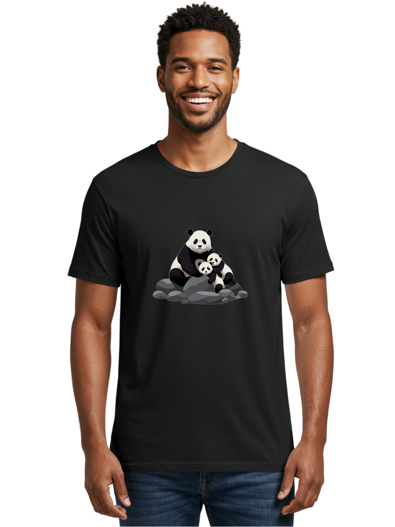 Panda-Family Men'S Graphic Tee, 100% Cotton, Comfortable Casual Summer Wear, Machine Washable, Panda Bear, Mother Panda, Panda Cubs, Adorable Family, Cartoon Illustration, Wildlife Art, Black And White Pandas, Cute Animals, Tender Moment, Bae591