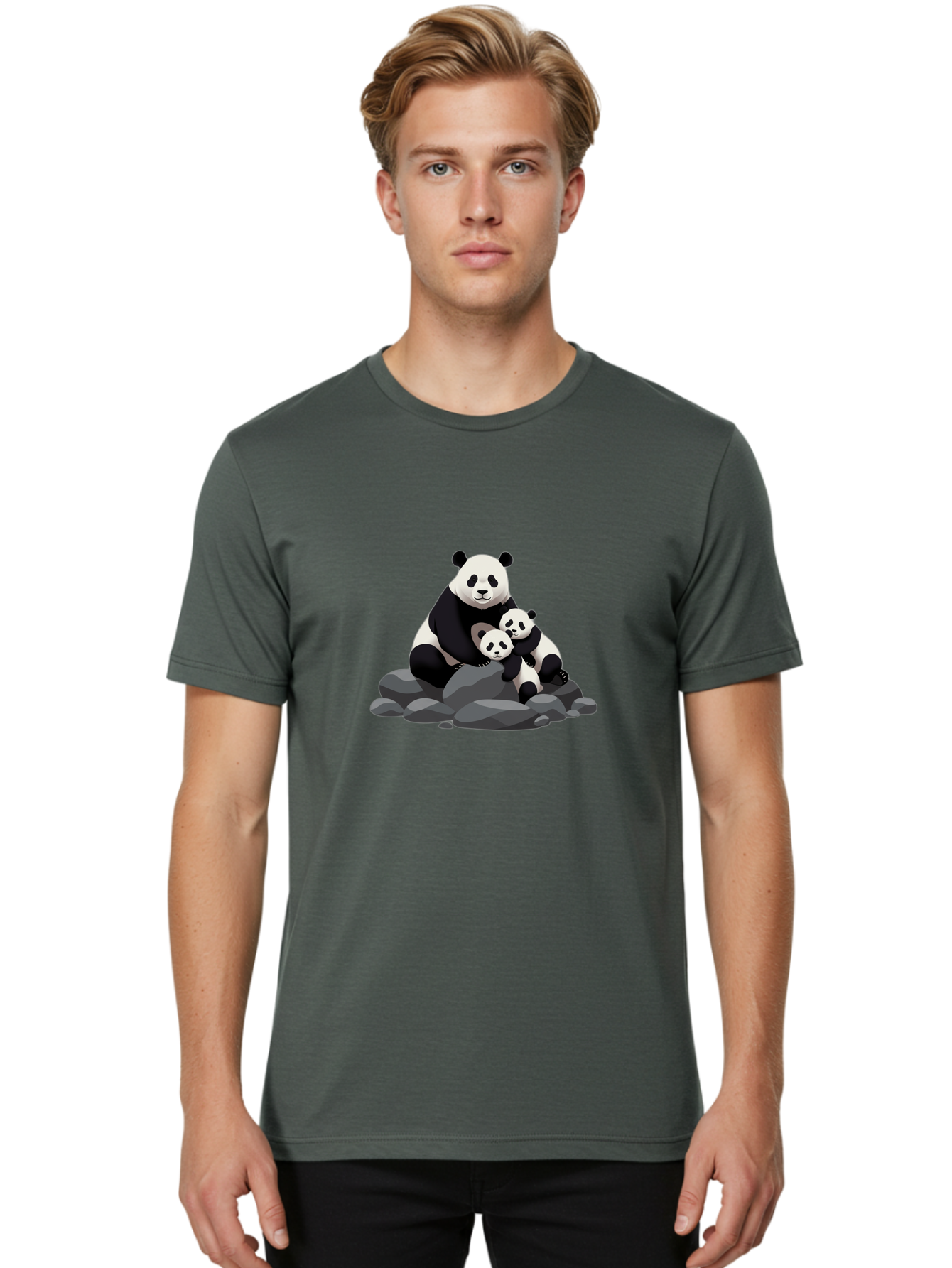Panda-Family Men'S Graphic Tee, 100% Cotton, Comfortable Casual Summer Wear, Machine Washable, Panda Bear, Mother Panda, Panda Cubs, Adorable Family, Cartoon Illustration, Wildlife Art, Black And White Pandas, Cute Animals, Tender Moment, Bae591