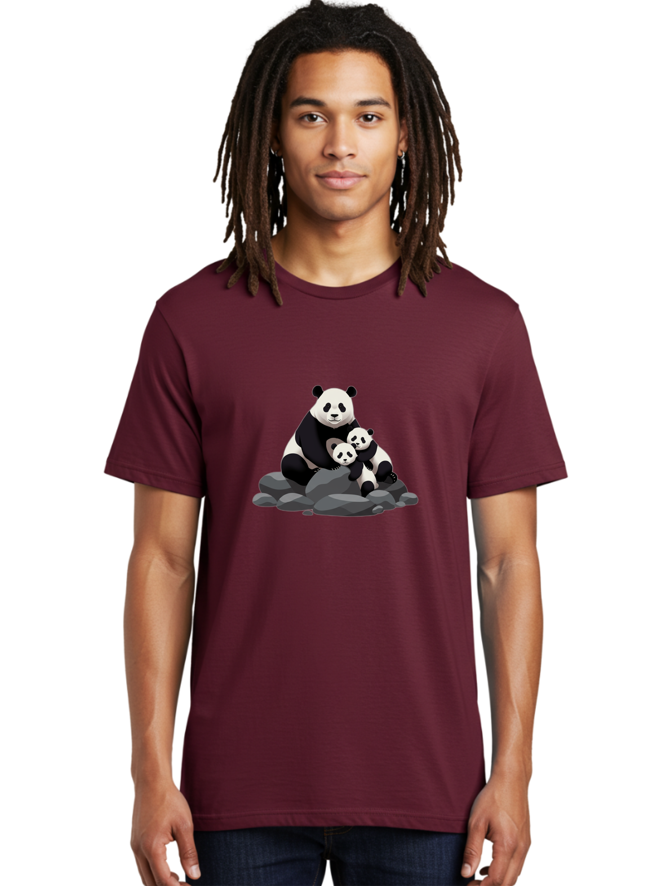 Panda-Family Men'S Graphic Tee, 100% Cotton, Comfortable Casual Summer Wear, Machine Washable, Panda Bear, Mother Panda, Panda Cubs, Adorable Family, Cartoon Illustration, Wildlife Art, Black And White Pandas, Cute Animals, Tender Moment, Bae591
