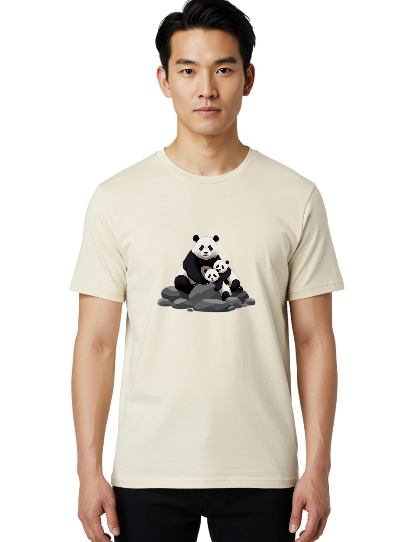Panda-Family Men'S Graphic Tee, 100% Cotton, Comfortable Casual Summer Wear, Machine Washable, Panda Bear, Mother Panda, Panda Cubs, Adorable Family, Cartoon Illustration, Wildlife Art, Black And White Pandas, Cute Animals, Tender Moment, Bae591