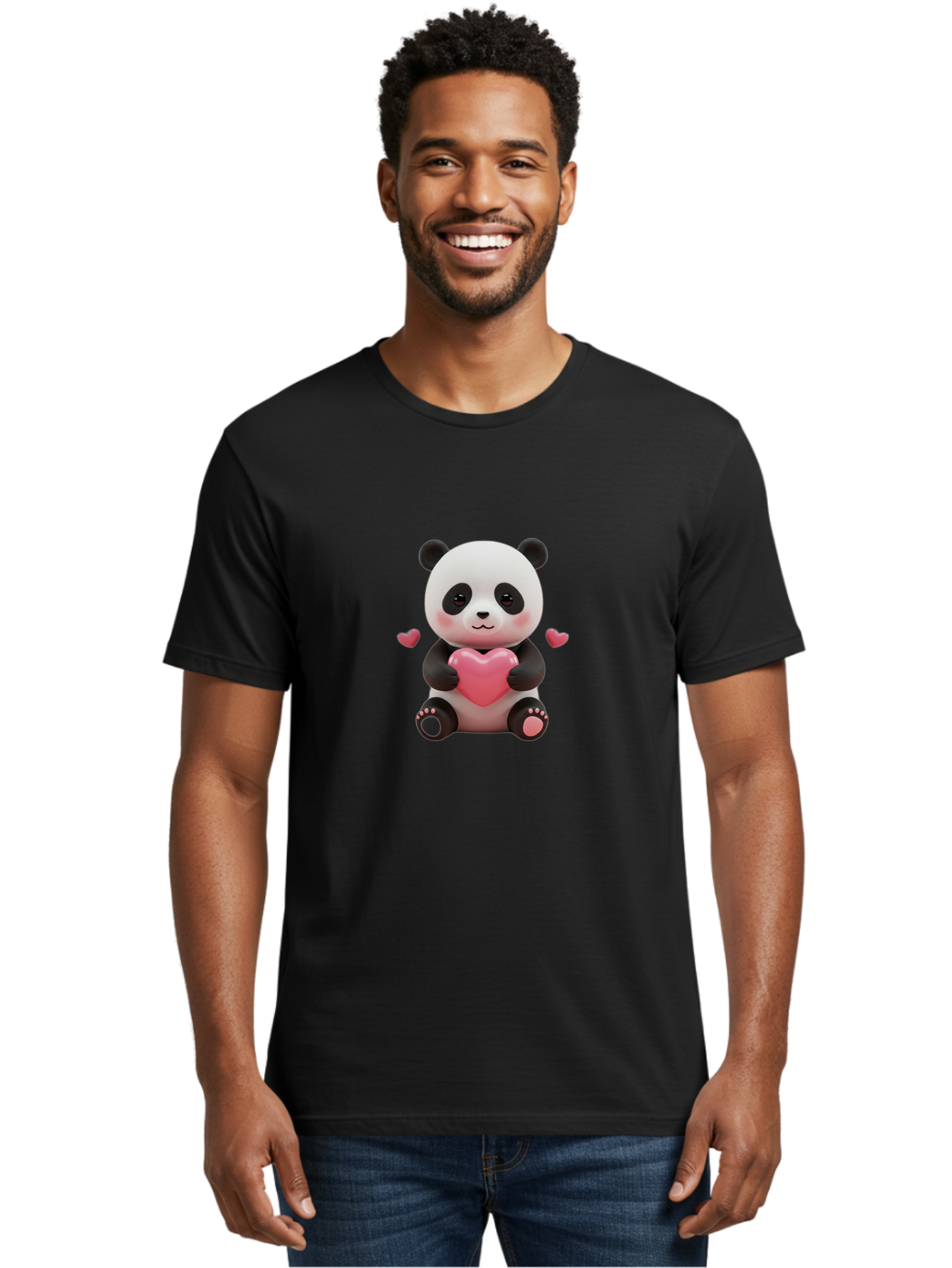 Panda-Holding-Heart-1 Men'S Graphic Tee, 100% Cotton, Comfortable Casual Summer Wear, Machine Washable, Cartoon Panda Holding Heart, Cute Panda Bear, Pink Hearts, Adorable Design, Kawaii Character, Love Symbol, Digital Illustration, Bae592