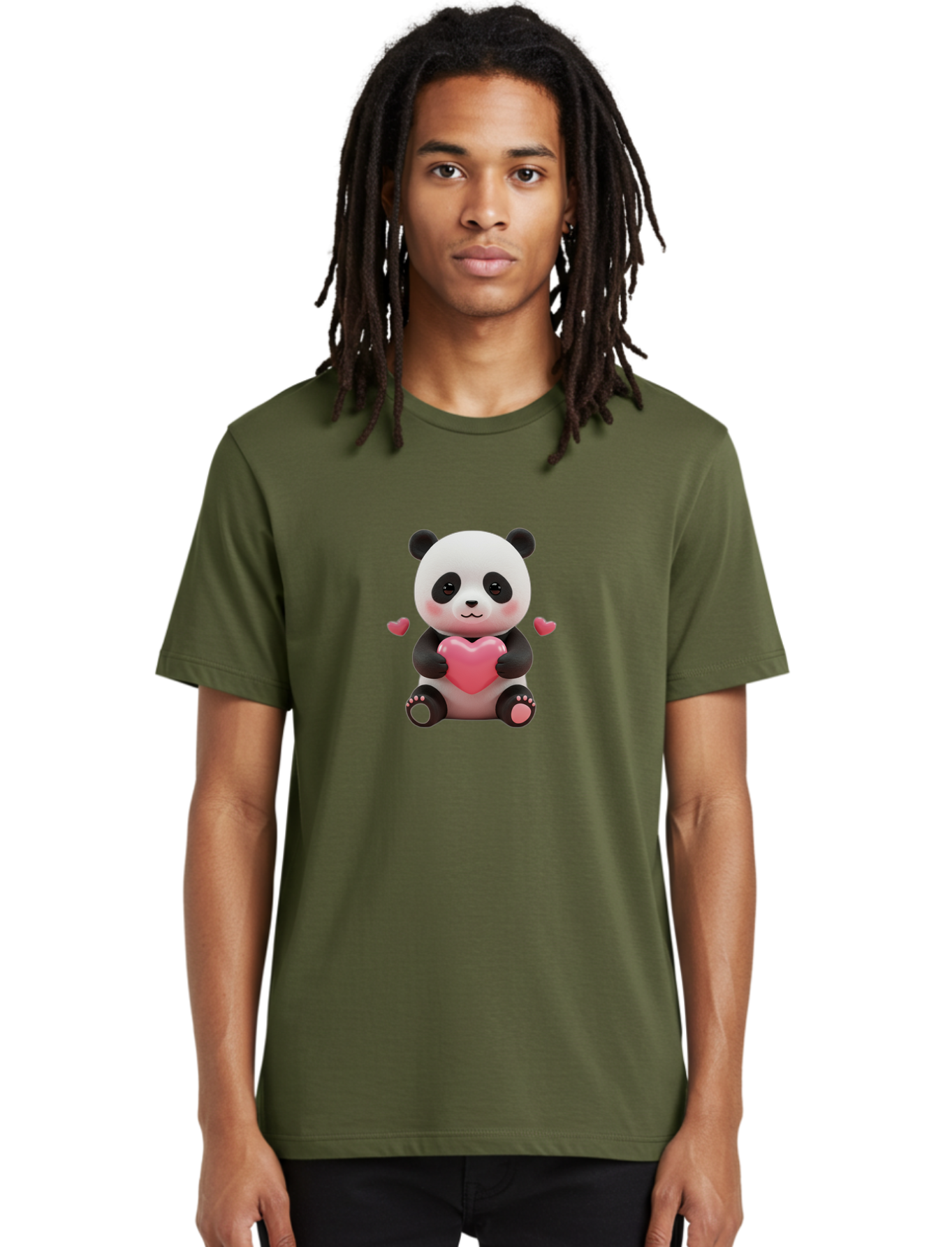 Panda-Holding-Heart-1 Men'S Graphic Tee, 100% Cotton, Comfortable Casual Summer Wear, Machine Washable, Cartoon Panda Holding Heart, Cute Panda Bear, Pink Hearts, Adorable Design, Kawaii Character, Love Symbol, Digital Illustration, Bae592