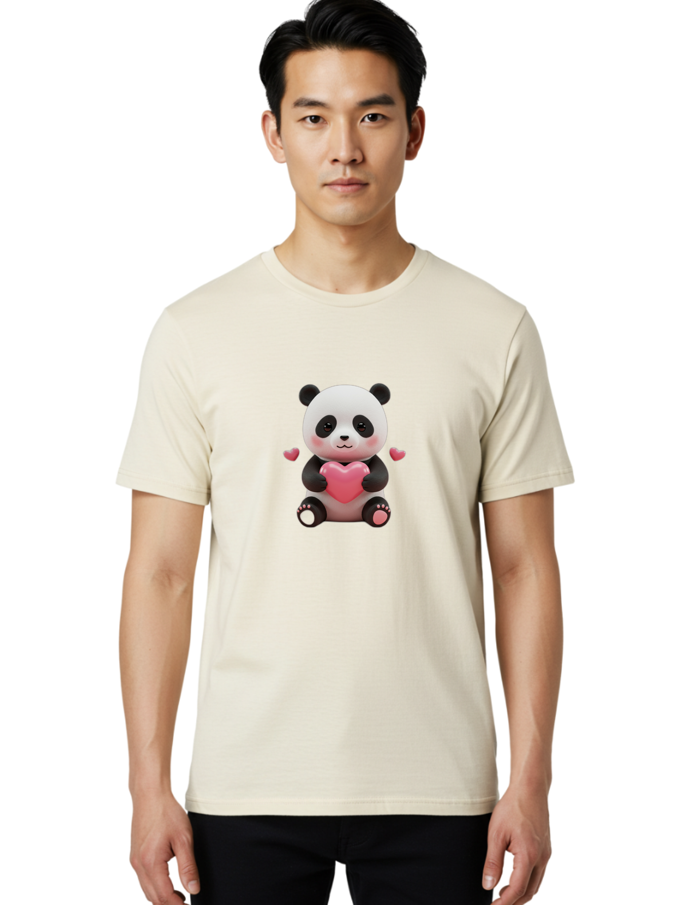 Panda-Holding-Heart-1 Men'S Graphic Tee, 100% Cotton, Comfortable Casual Summer Wear, Machine Washable, Cartoon Panda Holding Heart, Cute Panda Bear, Pink Hearts, Adorable Design, Kawaii Character, Love Symbol, Digital Illustration, Bae592