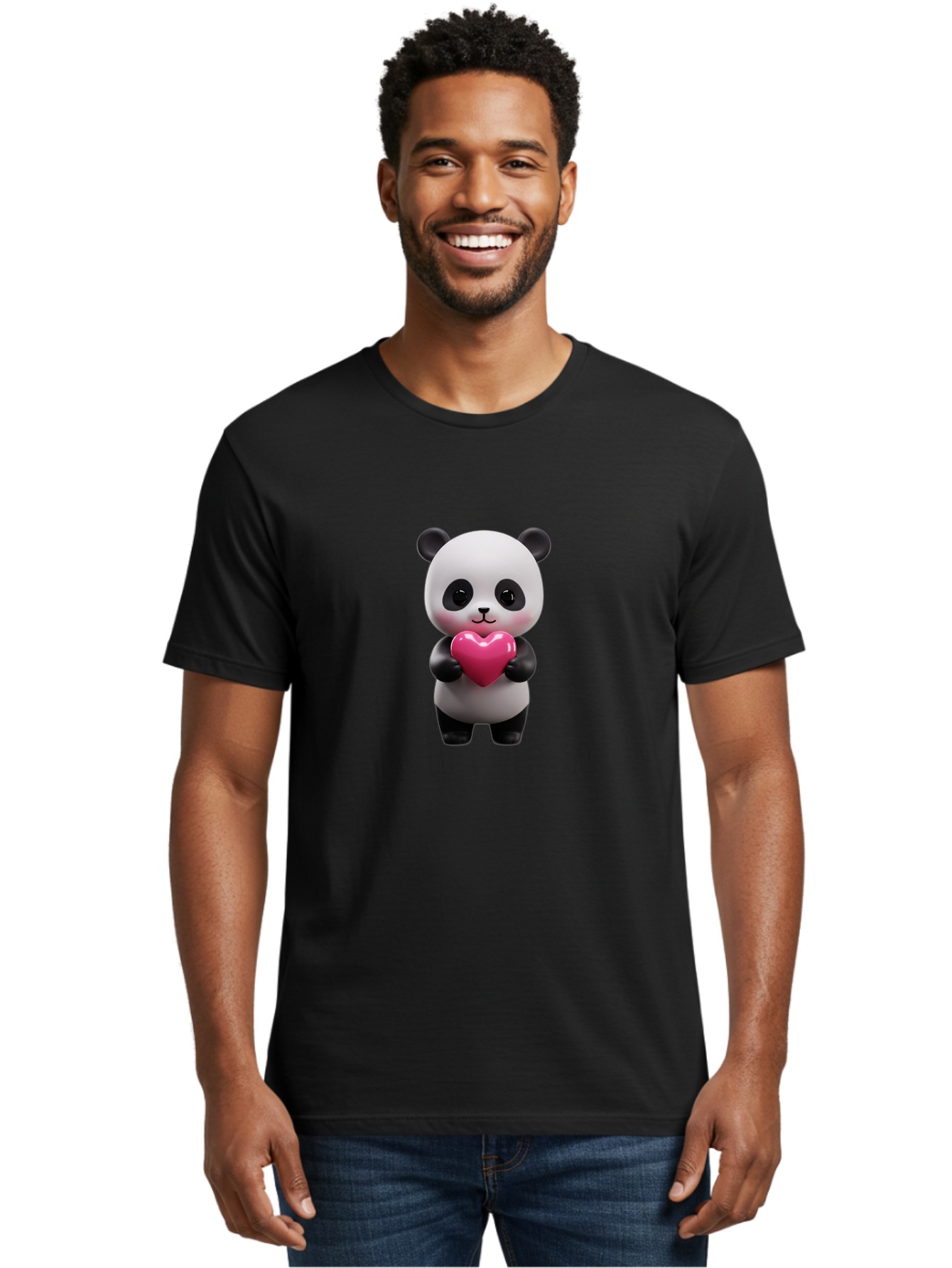 Panda-Holding-Heart-3 Men'S Graphic Tee, 100% Cotton, Comfortable Casual Summer Wear, Machine Washable, Cartoon Panda, Adorable Animal, Cute Bear, Heart Shape, Love Symbol, Pink Heart, 3D Rendering, Kawaii Character, Endearing Creature Bae594