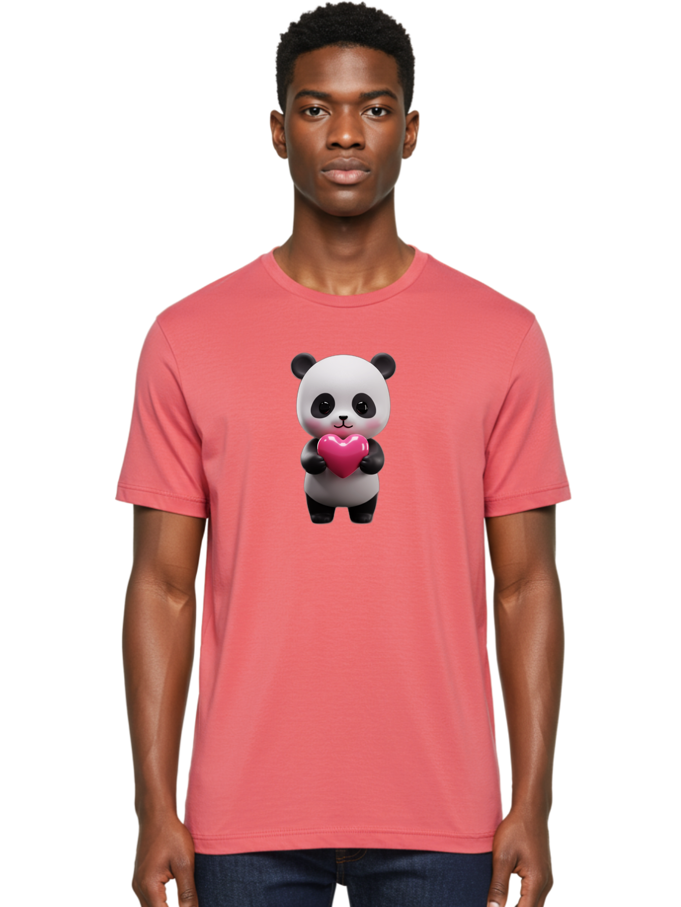 Panda-Holding-Heart-3 Men'S Graphic Tee, 100% Cotton, Comfortable Casual Summer Wear, Machine Washable, Cartoon Panda, Adorable Animal, Cute Bear, Heart Shape, Love Symbol, Pink Heart, 3D Rendering, Kawaii Character, Endearing Creature Bae594