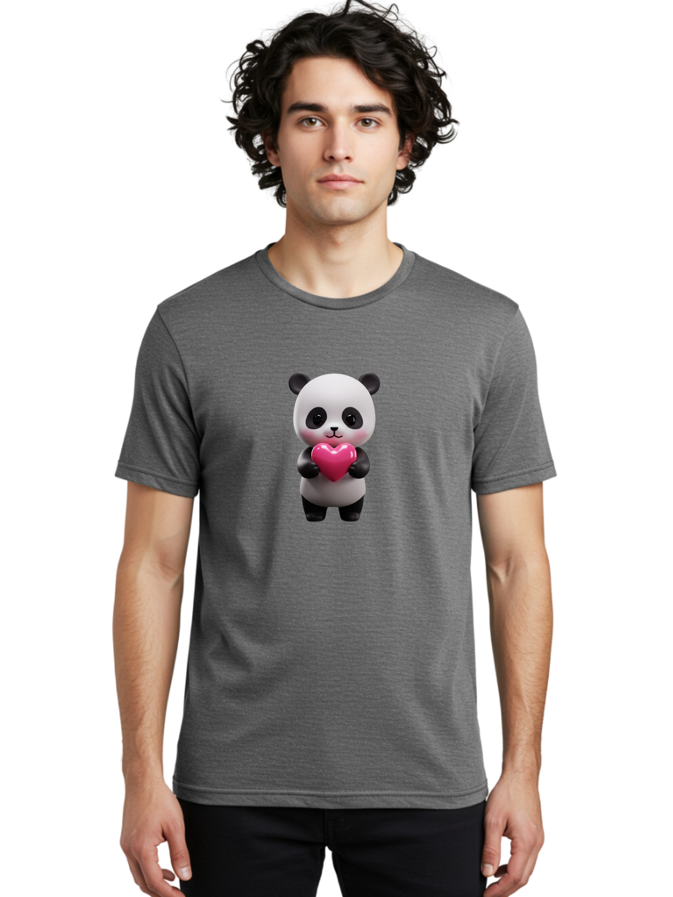 Panda-Holding-Heart-3 Men'S Graphic Tee, 100% Cotton, Comfortable Casual Summer Wear, Machine Washable, Cartoon Panda, Adorable Animal, Cute Bear, Heart Shape, Love Symbol, Pink Heart, 3D Rendering, Kawaii Character, Endearing Creature Bae594