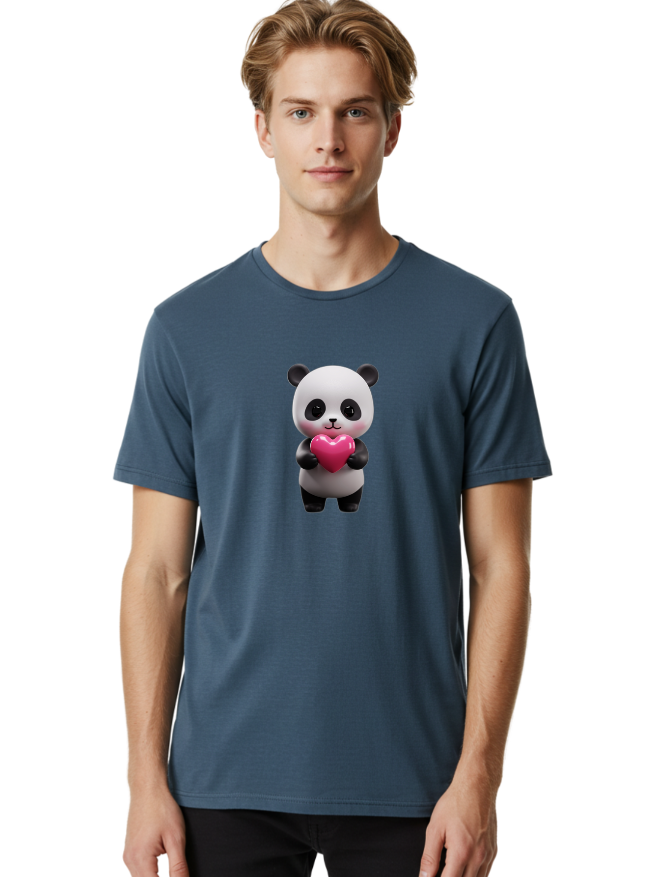 Panda-Holding-Heart-3 Men'S Graphic Tee, 100% Cotton, Comfortable Casual Summer Wear, Machine Washable, Cartoon Panda, Adorable Animal, Cute Bear, Heart Shape, Love Symbol, Pink Heart, 3D Rendering, Kawaii Character, Endearing Creature Bae594