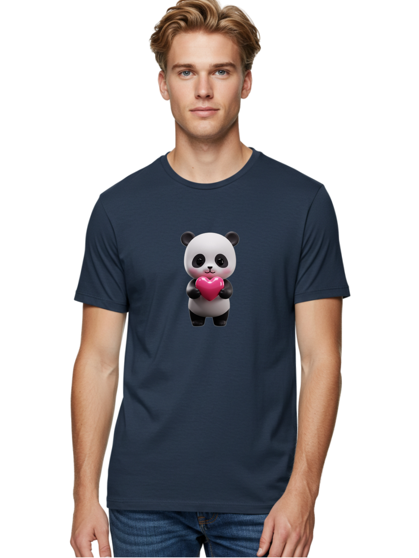 Panda-Holding-Heart-3 Men'S Graphic Tee, 100% Cotton, Comfortable Casual Summer Wear, Machine Washable, Cartoon Panda, Adorable Animal, Cute Bear, Heart Shape, Love Symbol, Pink Heart, 3D Rendering, Kawaii Character, Endearing Creature Bae594