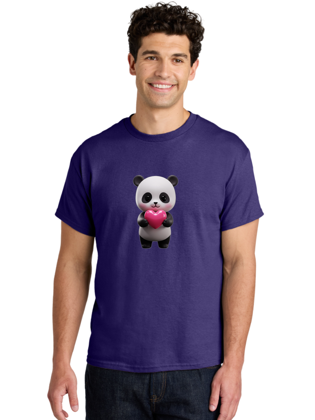 Panda-Holding-Heart-3 Men'S Graphic Tee, 100% Cotton, Comfortable Casual Summer Wear, Machine Washable, Cartoon Panda, Adorable Animal, Cute Bear, Heart Shape, Love Symbol, Pink Heart, 3D Rendering, Kawaii Character, Endearing Creature Bae594