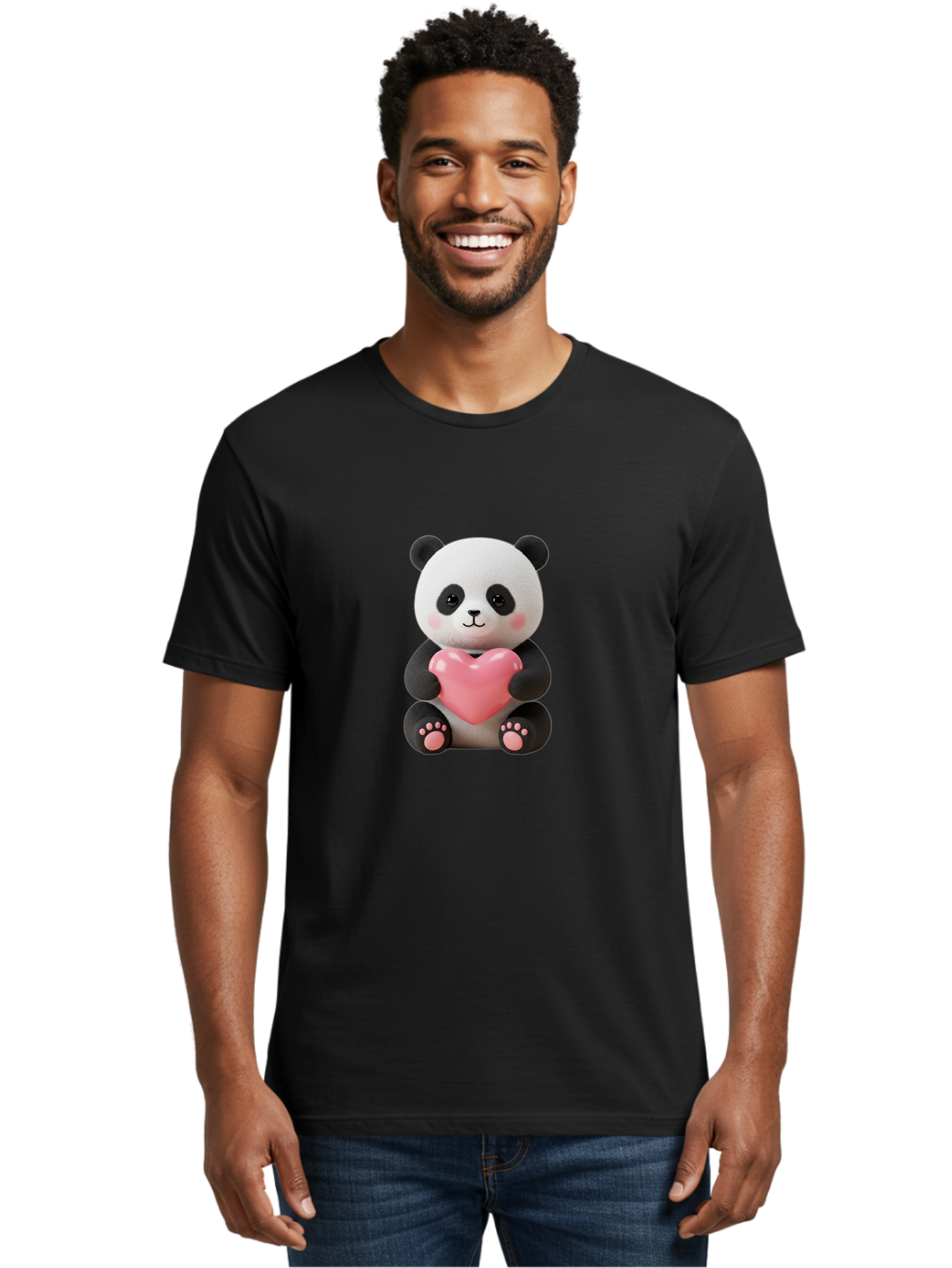 Panda-Holding-Heart-4 Men'S Graphic Tee, 100% Cotton, Comfortable Casual Summer Wear, Machine Washable, Cute Panda, Adorable Animal, Pink Heart, Love Symbol, Cartoon Character, Kawaii Design, Fluffy Panda, Heartwarming Scene, Bae595
