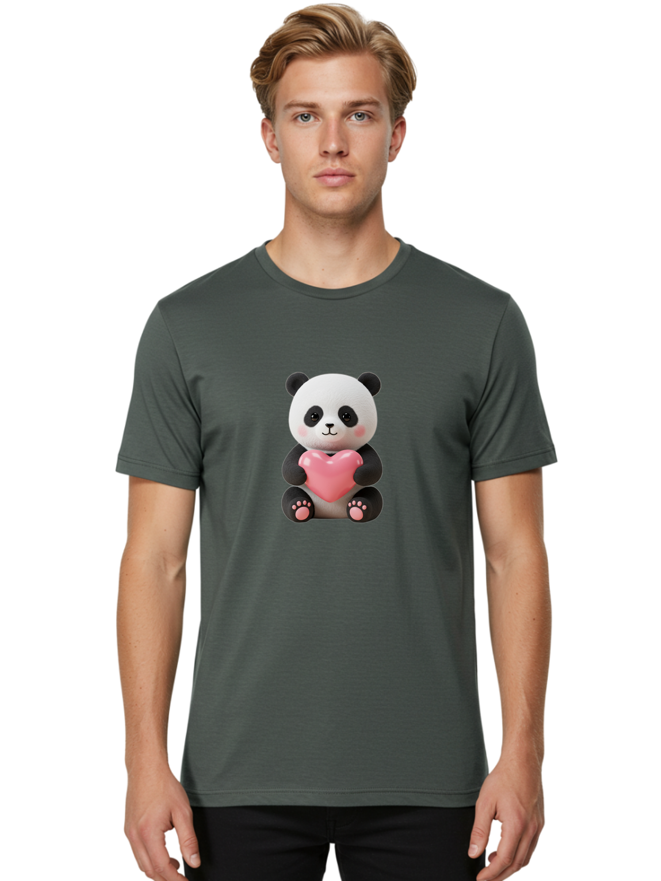 Panda-Holding-Heart-4 Men'S Graphic Tee, 100% Cotton, Comfortable Casual Summer Wear, Machine Washable, Cute Panda, Adorable Animal, Pink Heart, Love Symbol, Cartoon Character, Kawaii Design, Fluffy Panda, Heartwarming Scene, Bae595