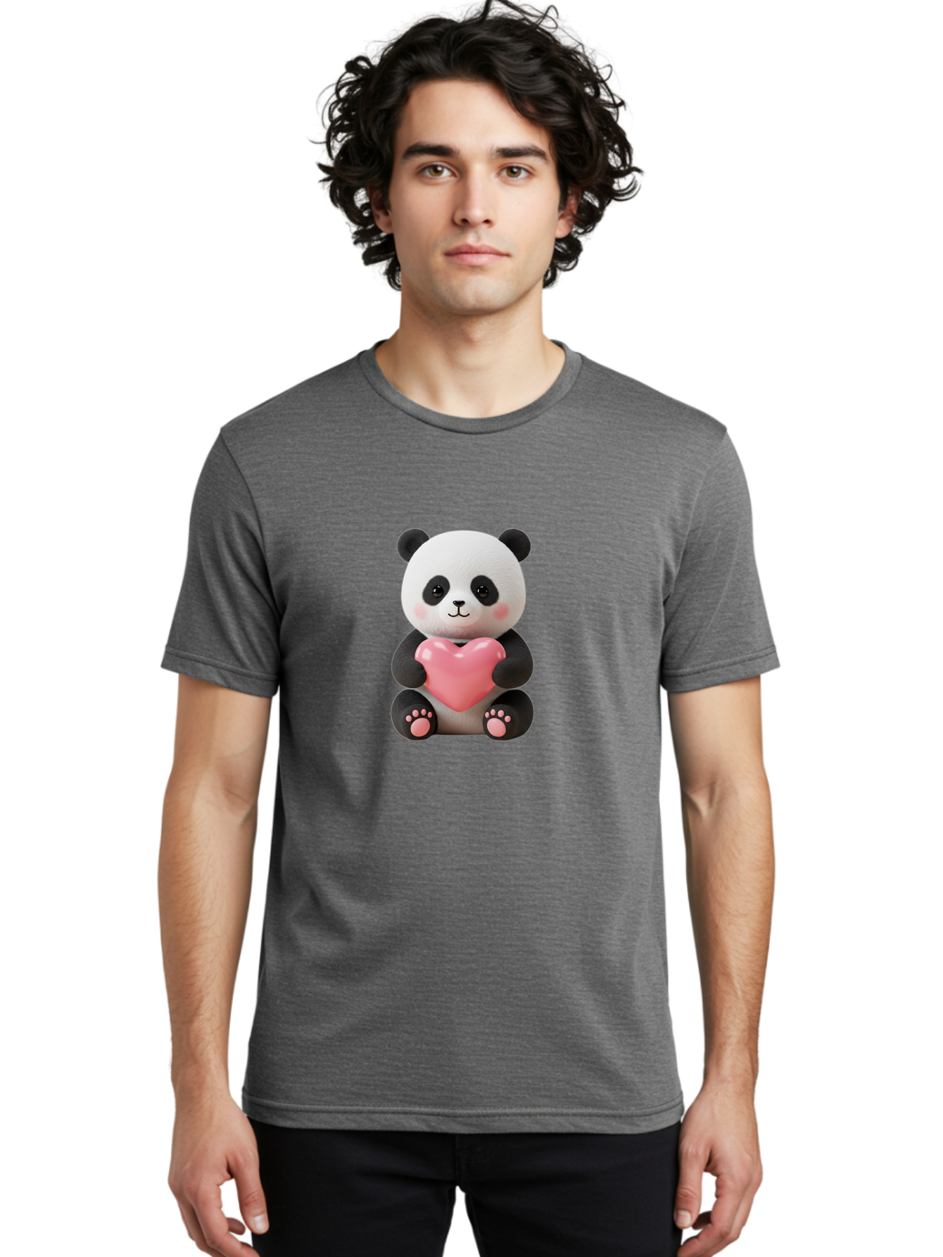 Panda-Holding-Heart-4 Men'S Graphic Tee, 100% Cotton, Comfortable Casual Summer Wear, Machine Washable, Cute Panda, Adorable Animal, Pink Heart, Love Symbol, Cartoon Character, Kawaii Design, Fluffy Panda, Heartwarming Scene, Bae595