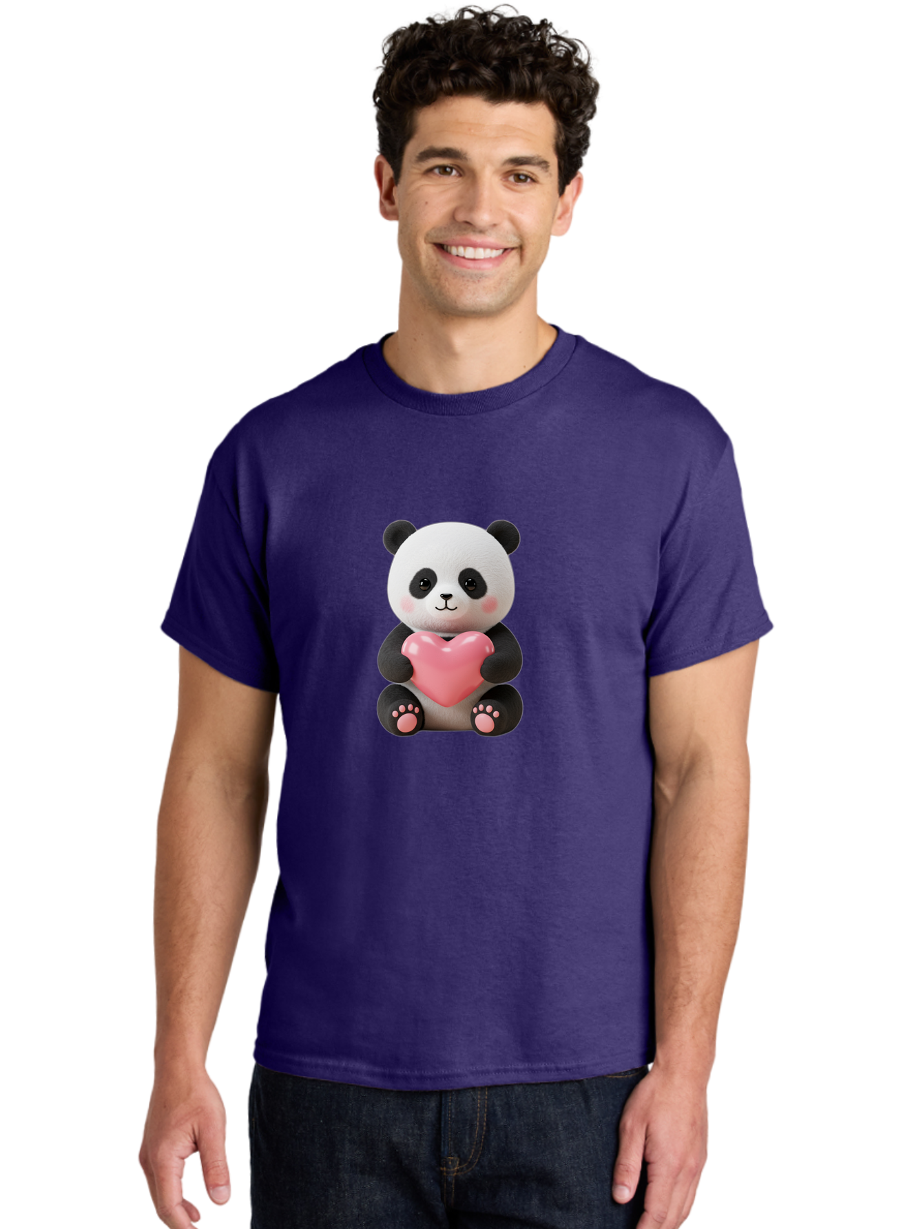 Panda-Holding-Heart-4 Men'S Graphic Tee, 100% Cotton, Comfortable Casual Summer Wear, Machine Washable, Cute Panda, Adorable Animal, Pink Heart, Love Symbol, Cartoon Character, Kawaii Design, Fluffy Panda, Heartwarming Scene, Bae595