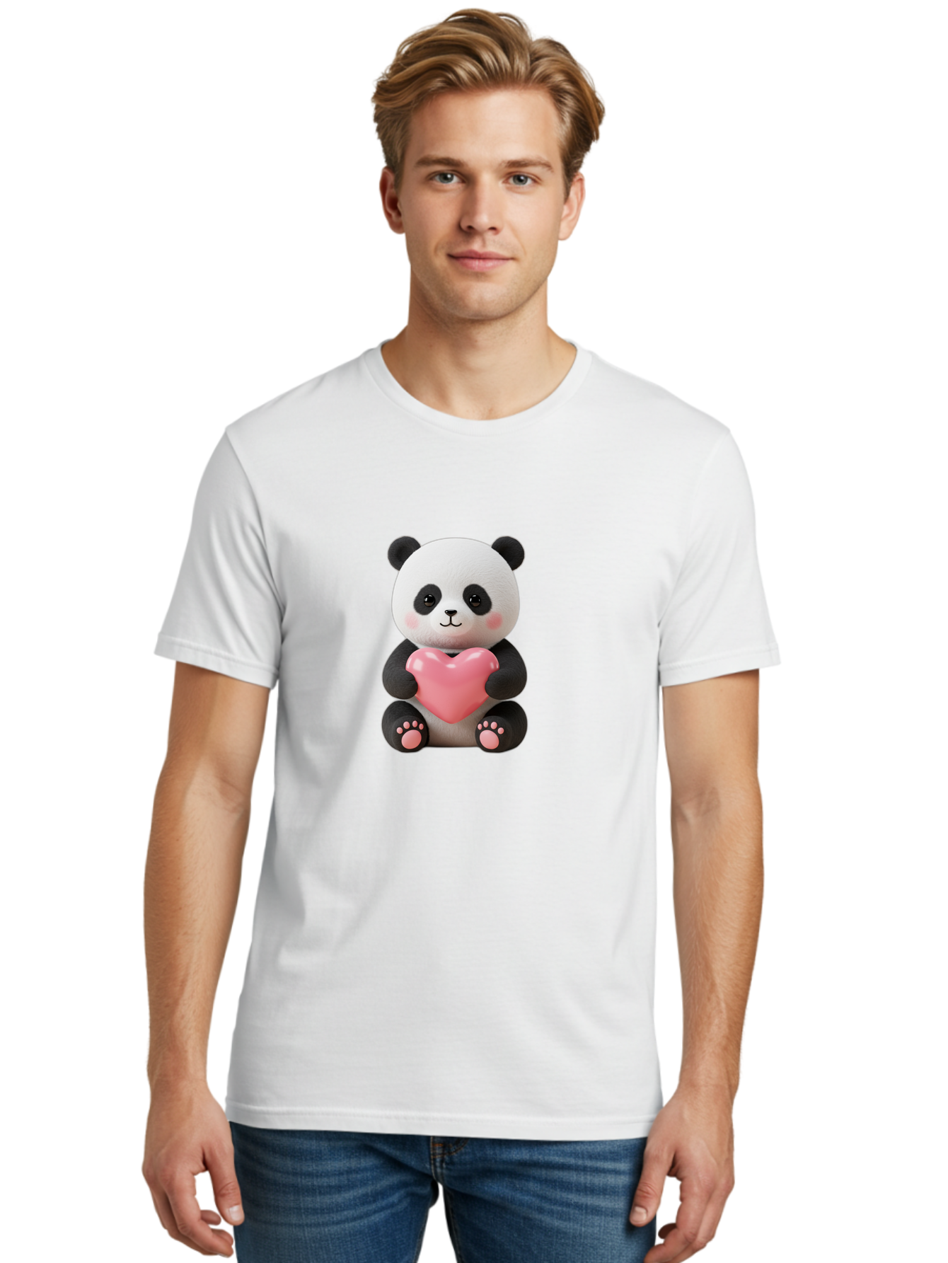 Panda-Holding-Heart-4 Men'S Graphic Tee, 100% Cotton, Comfortable Casual Summer Wear, Machine Washable, Cute Panda, Adorable Animal, Pink Heart, Love Symbol, Cartoon Character, Kawaii Design, Fluffy Panda, Heartwarming Scene, Bae595