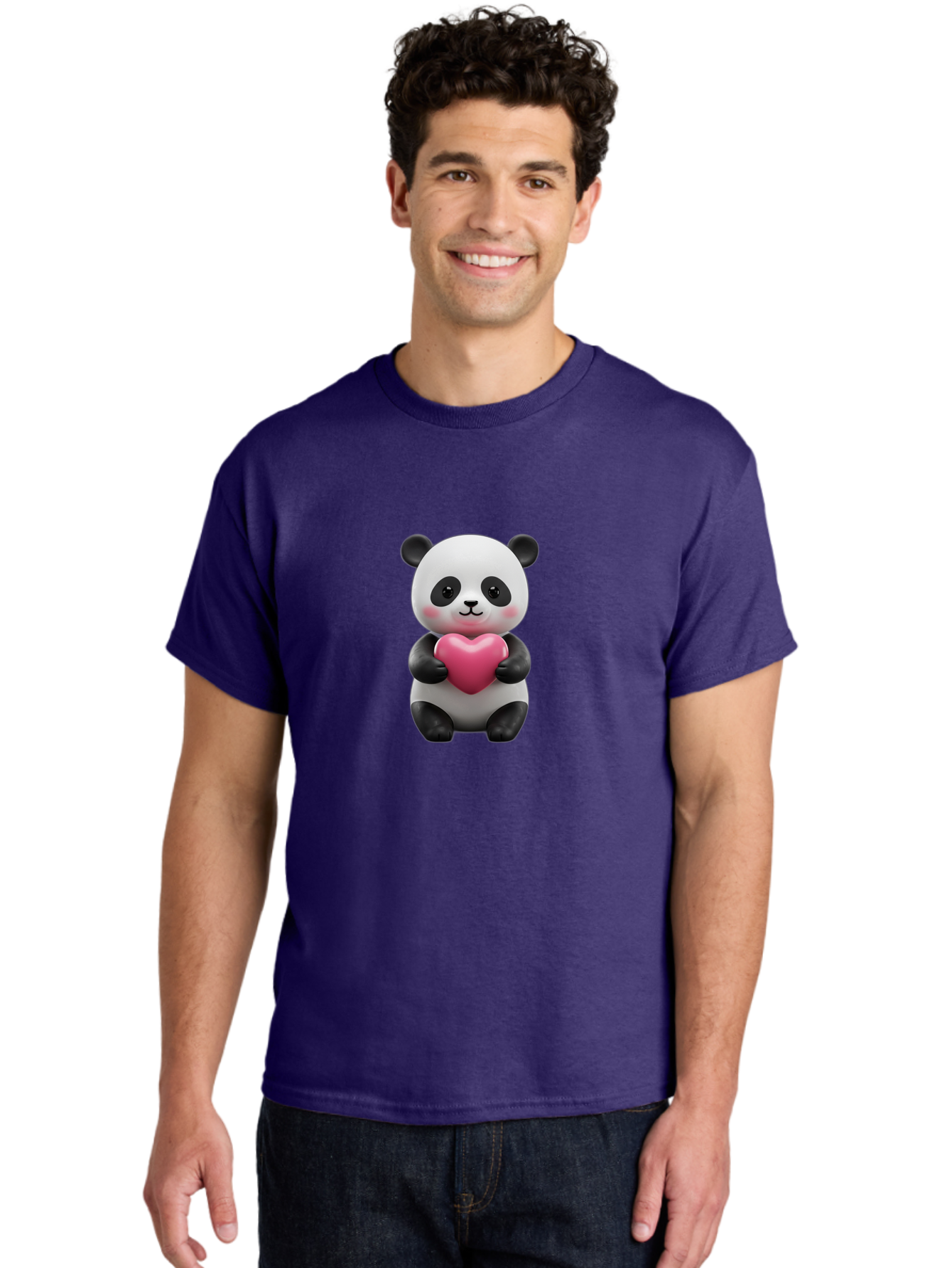 Panda-Holding-Heart-5 Men'S Graphic Tee, 100% Cotton, Comfortable Casual Summer Wear, Machine Washable, Cute Panda Bear, Adorable Cartoon Character, Pink Heart, Loving Gesture, Heartwarming Scene, Valentines Day, Love Symbol, Cartoon Graphics, Bae596