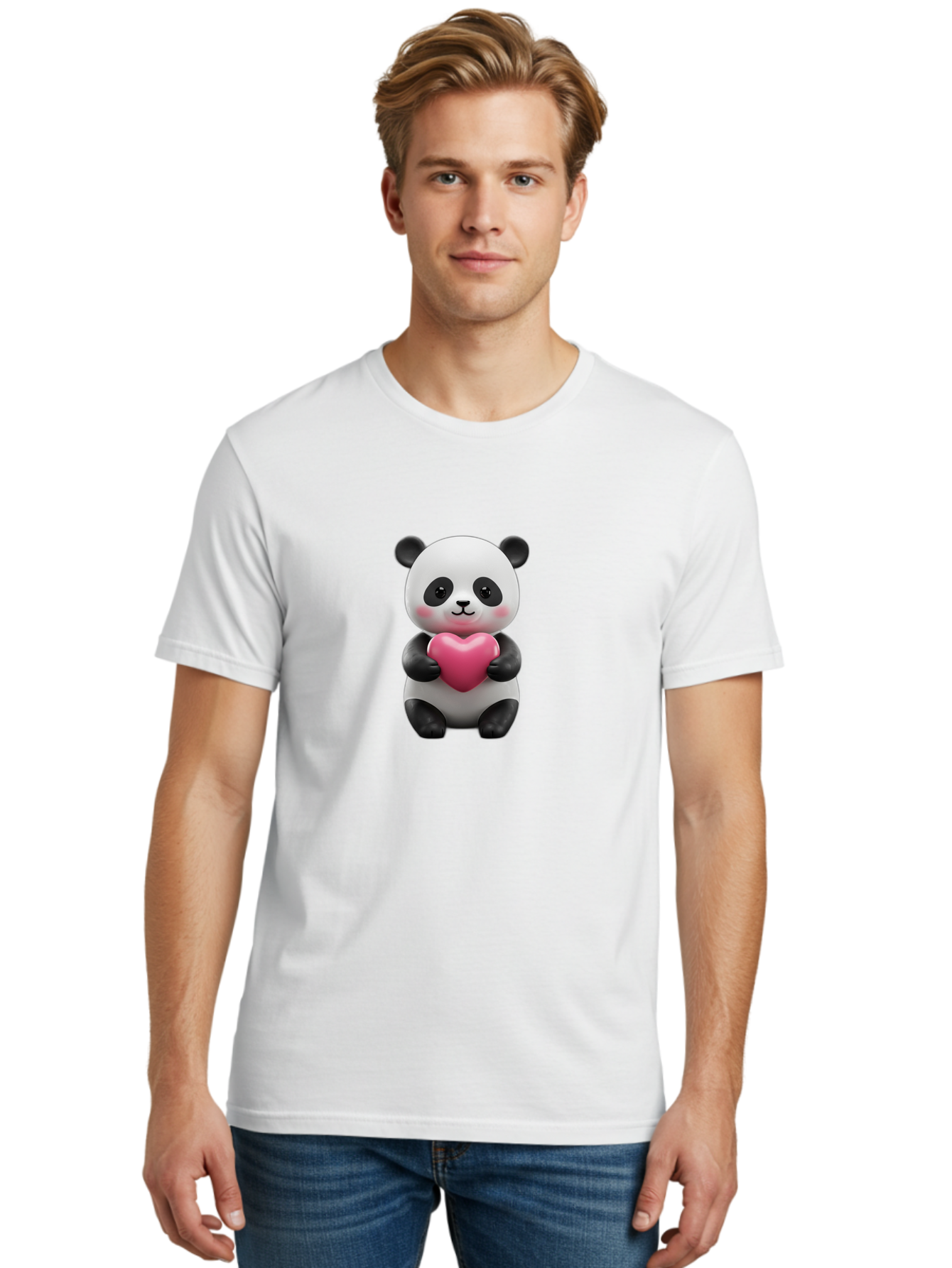 Panda-Holding-Heart-5 Men'S Graphic Tee, 100% Cotton, Comfortable Casual Summer Wear, Machine Washable, Cute Panda Bear, Adorable Cartoon Character, Pink Heart, Loving Gesture, Heartwarming Scene, Valentines Day, Love Symbol, Cartoon Graphics, Bae596