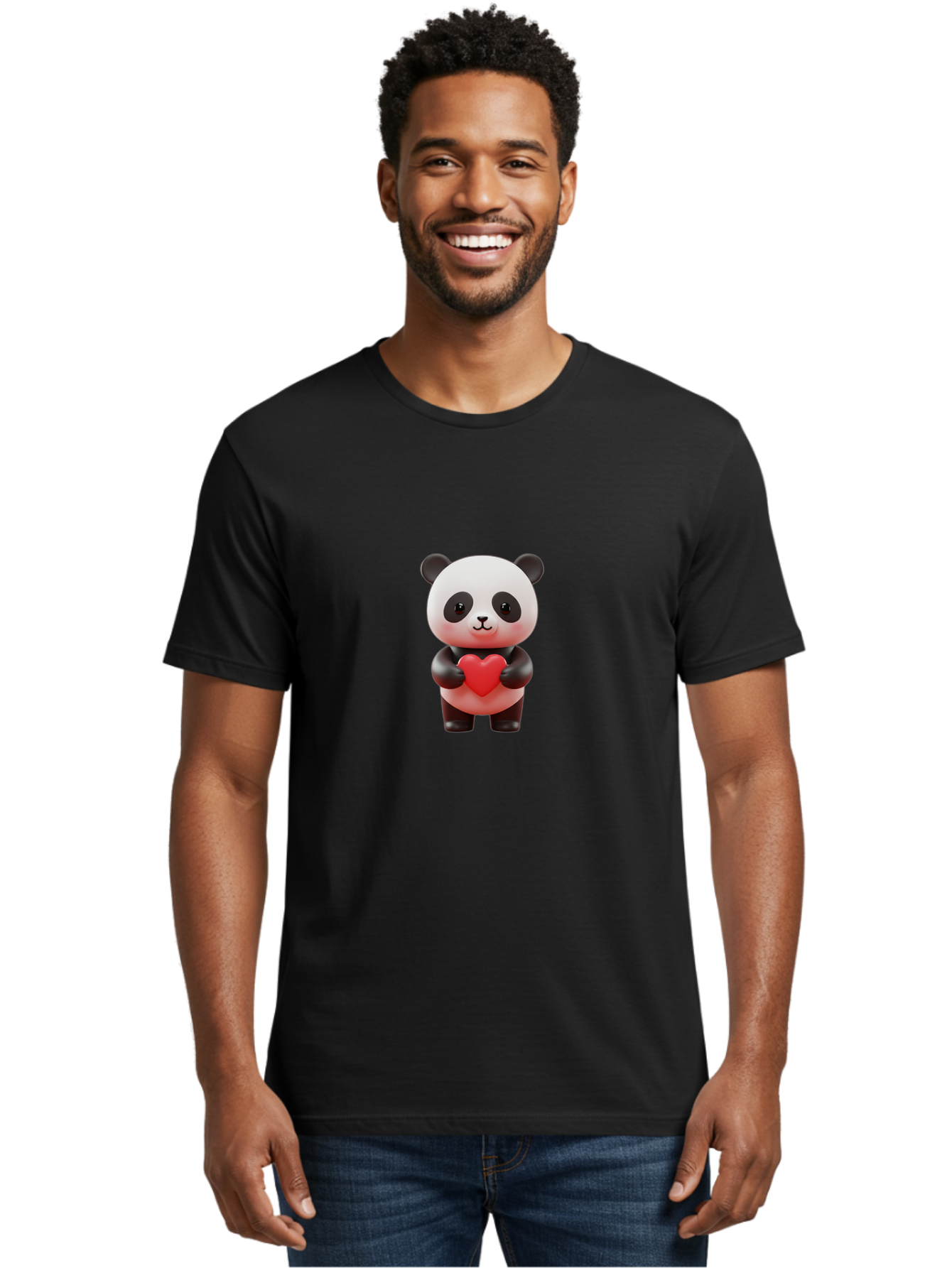 Panda-Holding-Heart-7 Men'S Graphic Tee, 100% Cotton, Comfortable Casual Summer Wear, Machine Washable, Cartoon Panda, Cute Bear, Red Heart, Love Symbol, Adorable Character, 3D Illustration, Kawaii Animal, Heartwarming Scene, Sweet Expression, Bae598