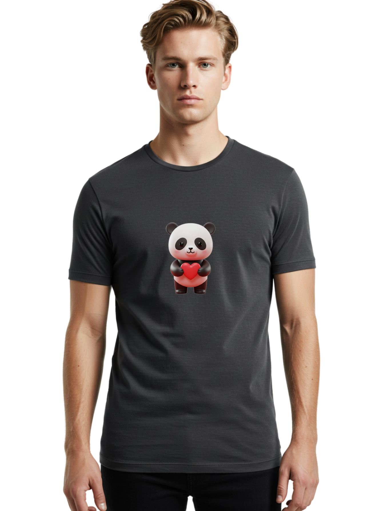Panda-Holding-Heart-7 Men'S Graphic Tee, 100% Cotton, Comfortable Casual Summer Wear, Machine Washable, Cartoon Panda, Cute Bear, Red Heart, Love Symbol, Adorable Character, 3D Illustration, Kawaii Animal, Heartwarming Scene, Sweet Expression, Bae598