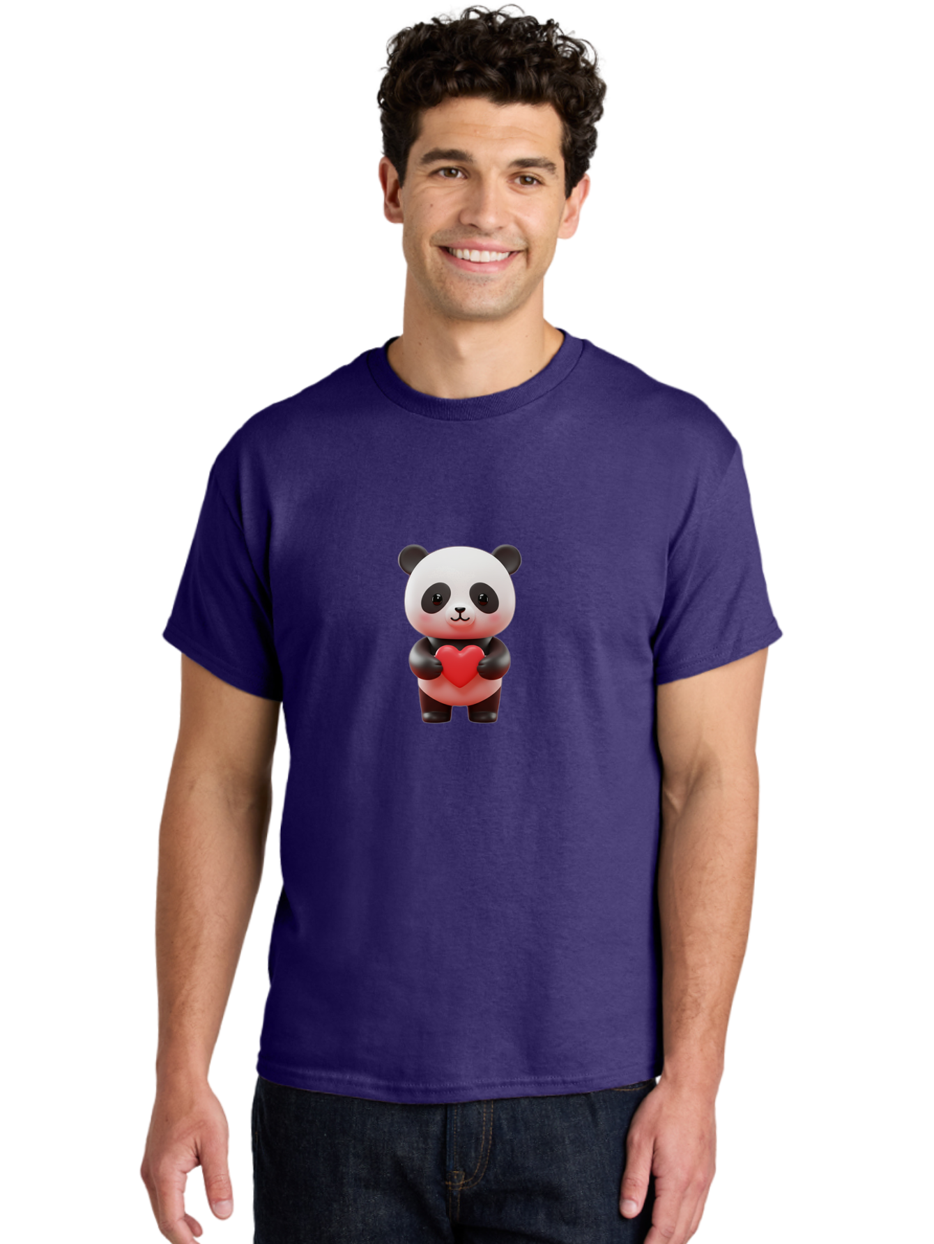 Panda-Holding-Heart-7 Men'S Graphic Tee, 100% Cotton, Comfortable Casual Summer Wear, Machine Washable, Cartoon Panda, Cute Bear, Red Heart, Love Symbol, Adorable Character, 3D Illustration, Kawaii Animal, Heartwarming Scene, Sweet Expression, Bae598