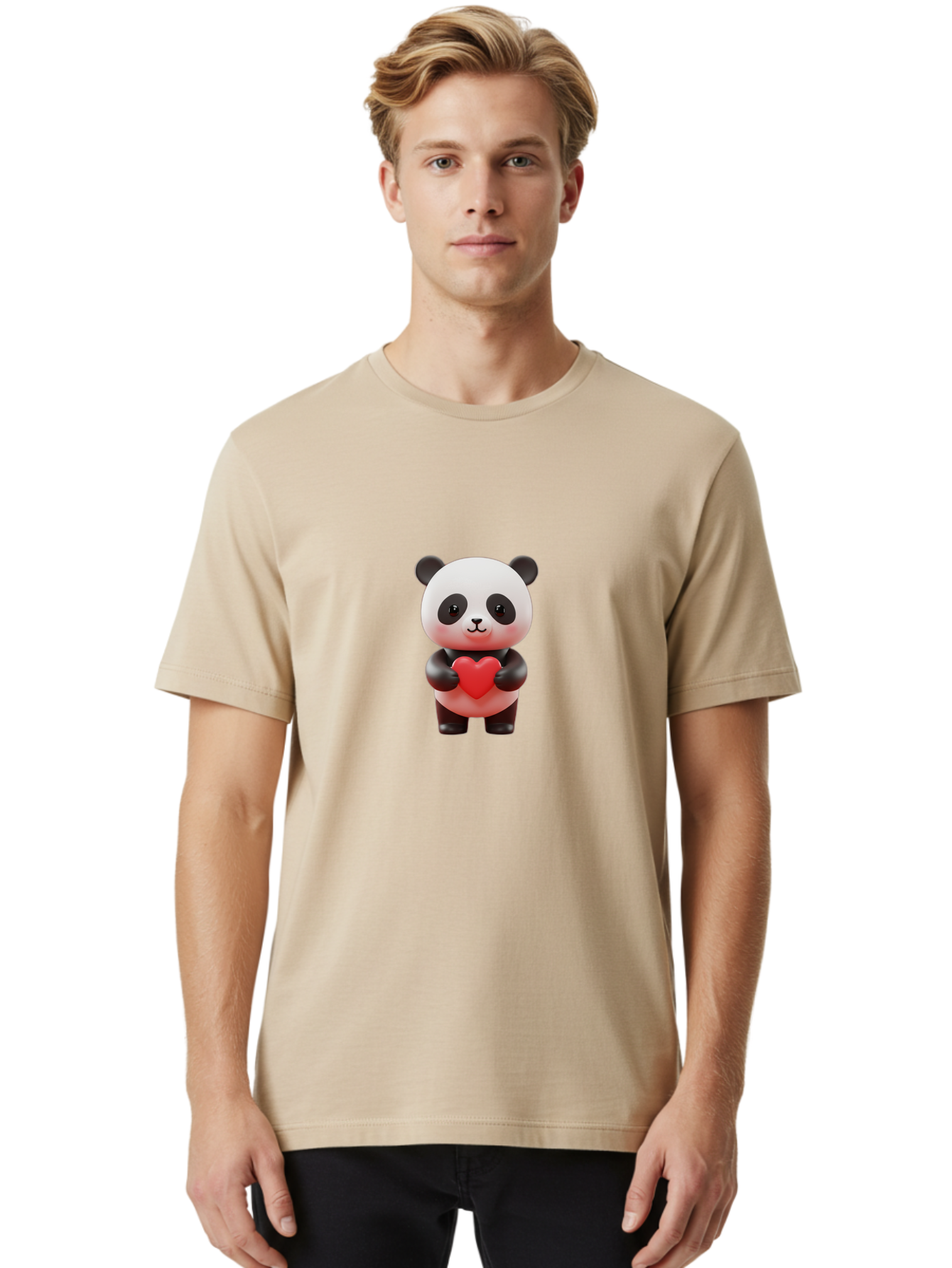 Panda-Holding-Heart-7 Men'S Graphic Tee, 100% Cotton, Comfortable Casual Summer Wear, Machine Washable, Cartoon Panda, Cute Bear, Red Heart, Love Symbol, Adorable Character, 3D Illustration, Kawaii Animal, Heartwarming Scene, Sweet Expression, Bae598
