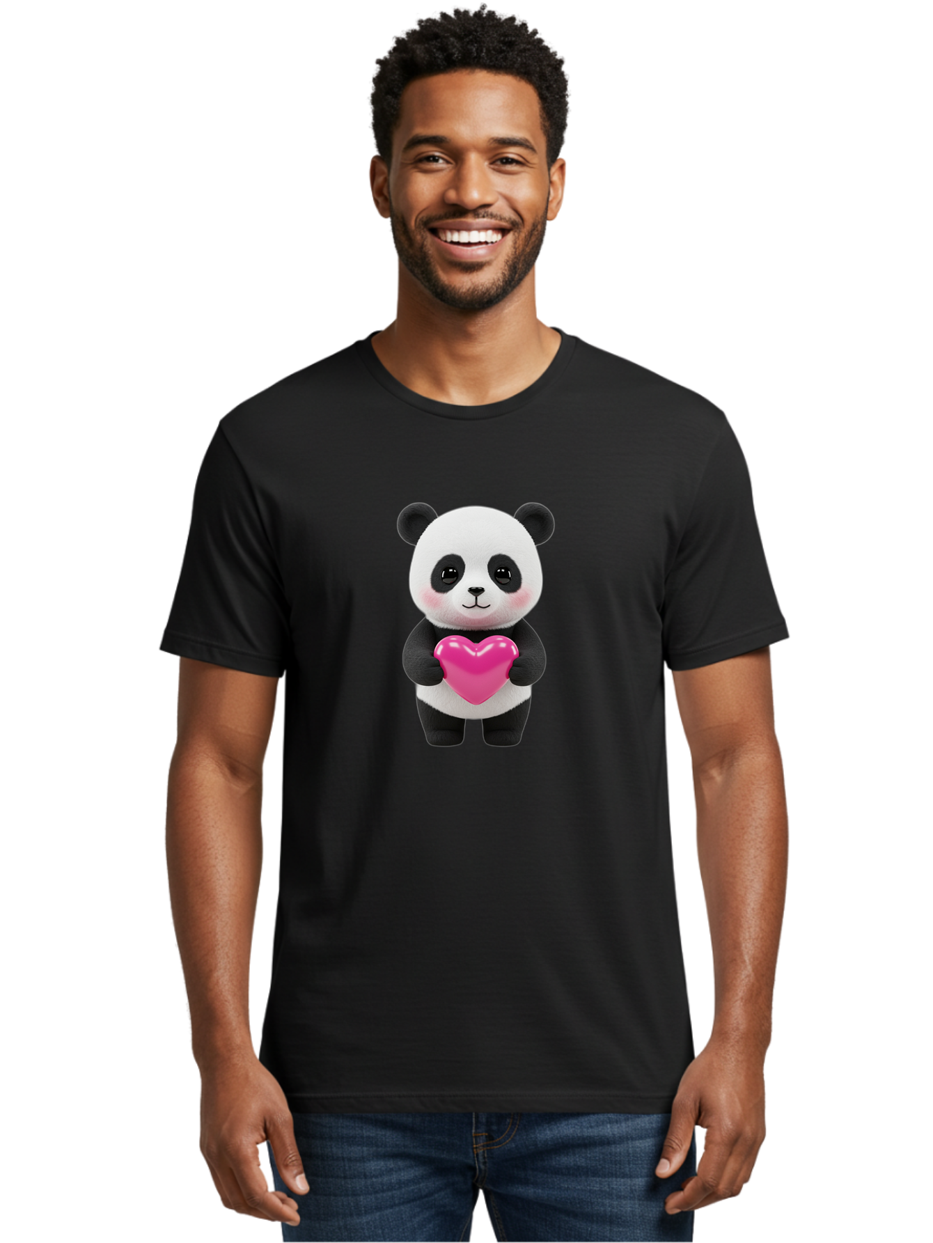 Panda-Holding-Heart Men'S Graphic Tee, 100% Cotton, Comfortable Casual Summer Wear, Machine Washable, Cute Panda, Adorable Cartoon Character, Pink Heart, Love Symbol, Endearing Expression, Plush Toy, Kawaii Animal, Heartwarming Scene, Bae599