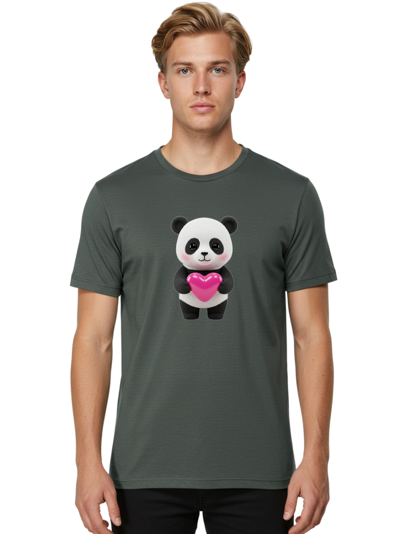 Panda-Holding-Heart Men'S Graphic Tee, 100% Cotton, Comfortable Casual Summer Wear, Machine Washable, Cute Panda, Adorable Cartoon Character, Pink Heart, Love Symbol, Endearing Expression, Plush Toy, Kawaii Animal, Heartwarming Scene, Bae599