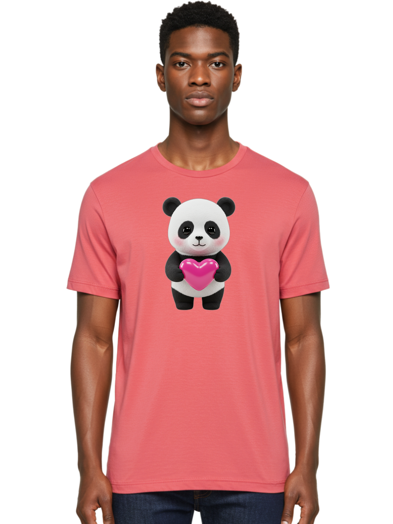 Panda-Holding-Heart Men'S Graphic Tee, 100% Cotton, Comfortable Casual Summer Wear, Machine Washable, Cute Panda, Adorable Cartoon Character, Pink Heart, Love Symbol, Endearing Expression, Plush Toy, Kawaii Animal, Heartwarming Scene, Bae599