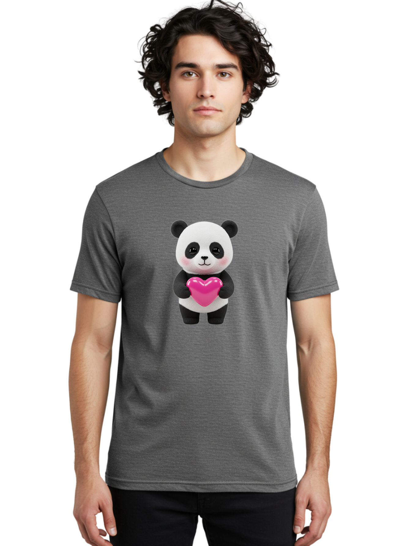 Panda-Holding-Heart Men'S Graphic Tee, 100% Cotton, Comfortable Casual Summer Wear, Machine Washable, Cute Panda, Adorable Cartoon Character, Pink Heart, Love Symbol, Endearing Expression, Plush Toy, Kawaii Animal, Heartwarming Scene, Bae599