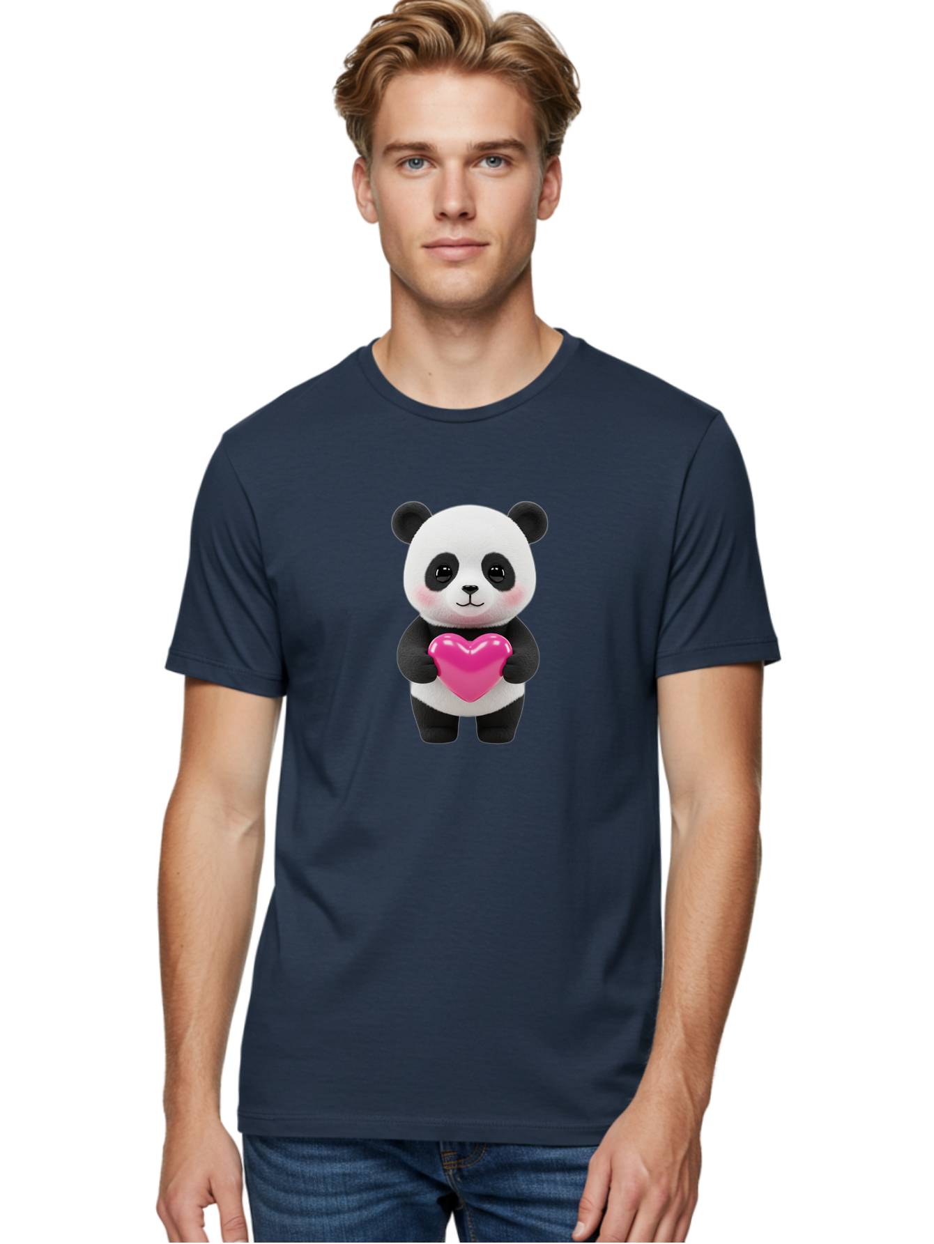 Panda-Holding-Heart Men'S Graphic Tee, 100% Cotton, Comfortable Casual Summer Wear, Machine Washable, Cute Panda, Adorable Cartoon Character, Pink Heart, Love Symbol, Endearing Expression, Plush Toy, Kawaii Animal, Heartwarming Scene, Bae599