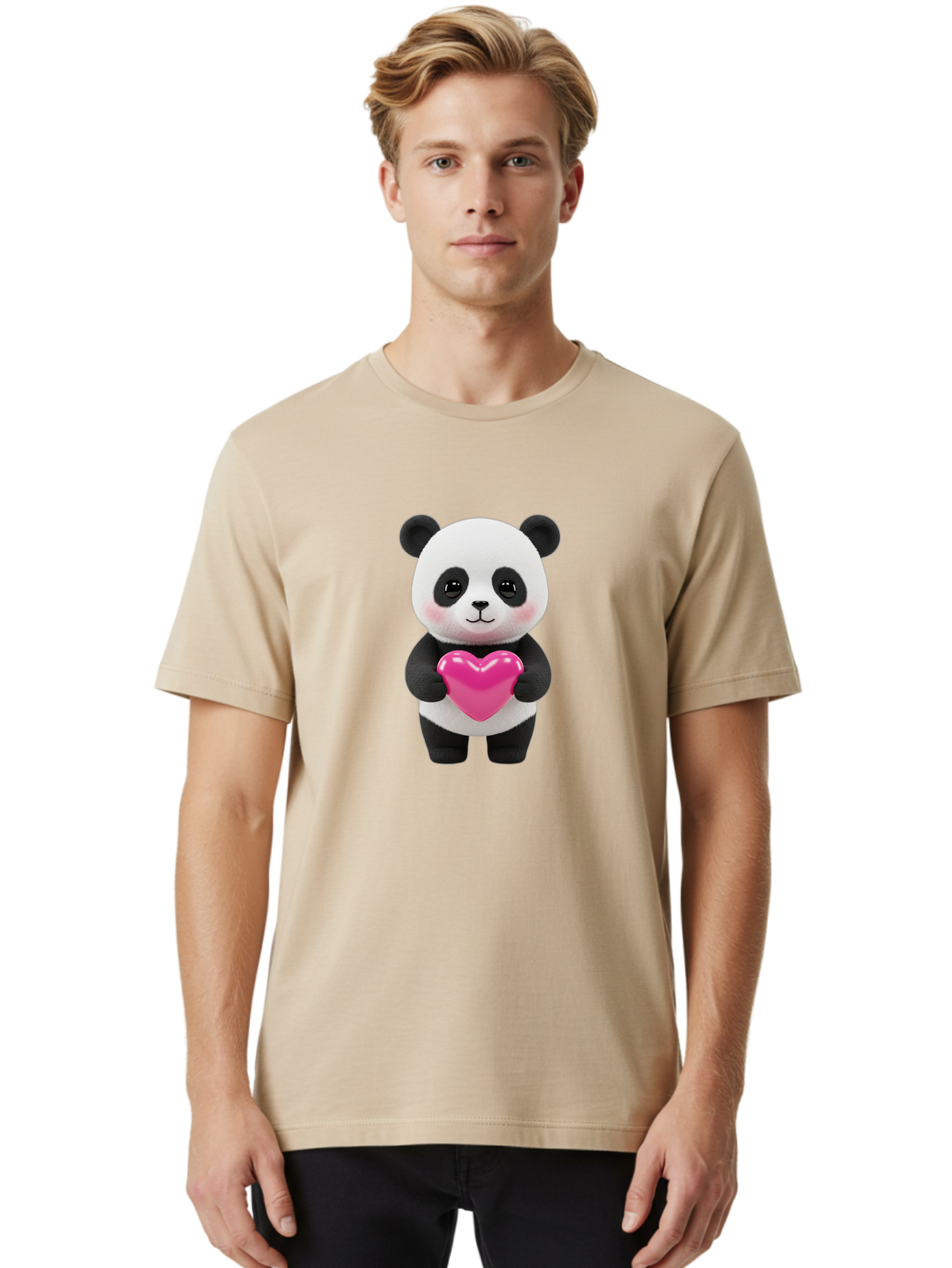 Panda-Holding-Heart Men'S Graphic Tee, 100% Cotton, Comfortable Casual Summer Wear, Machine Washable, Cute Panda, Adorable Cartoon Character, Pink Heart, Love Symbol, Endearing Expression, Plush Toy, Kawaii Animal, Heartwarming Scene, Bae599