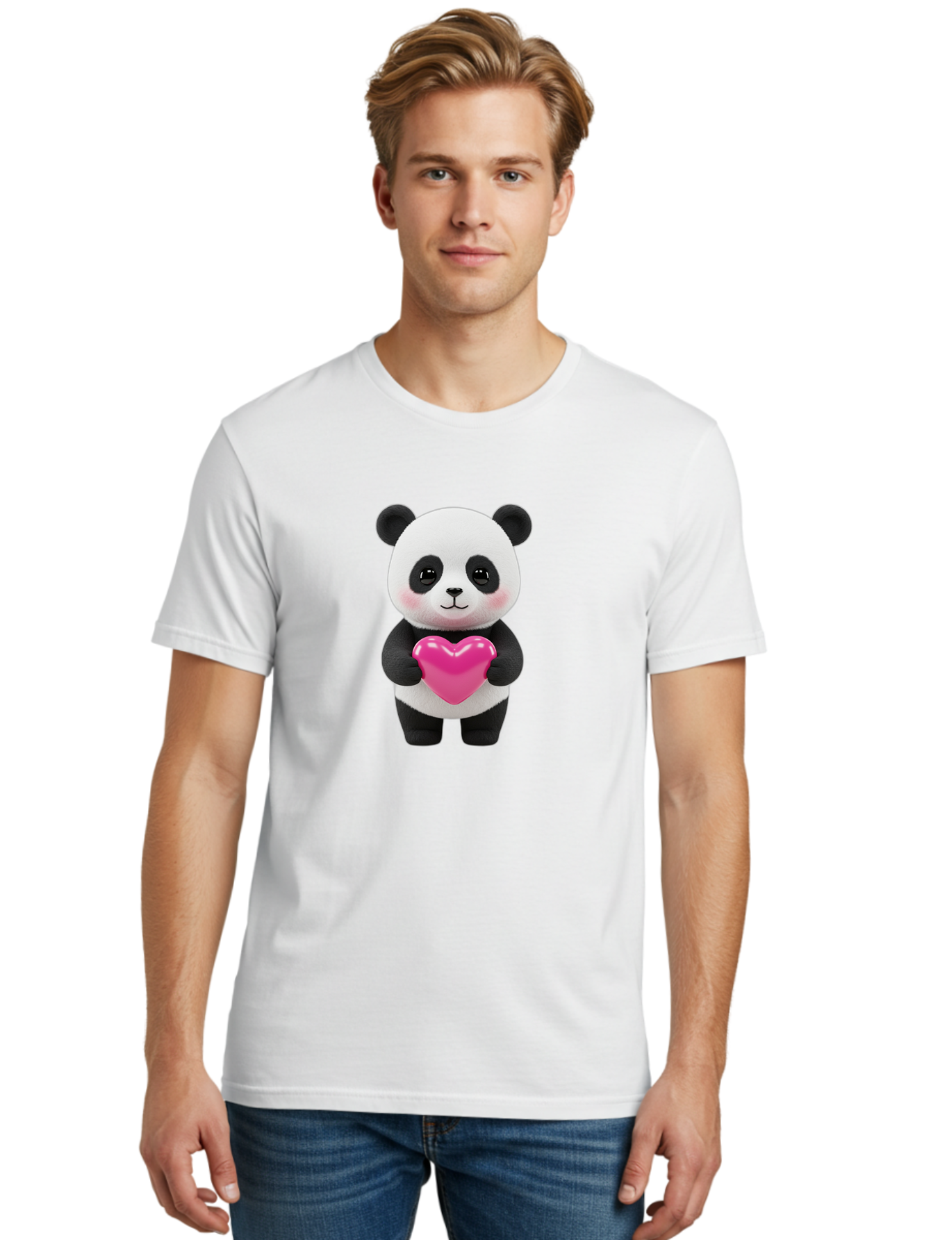 Panda-Holding-Heart Men'S Graphic Tee, 100% Cotton, Comfortable Casual Summer Wear, Machine Washable, Cute Panda, Adorable Cartoon Character, Pink Heart, Love Symbol, Endearing Expression, Plush Toy, Kawaii Animal, Heartwarming Scene, Bae599
