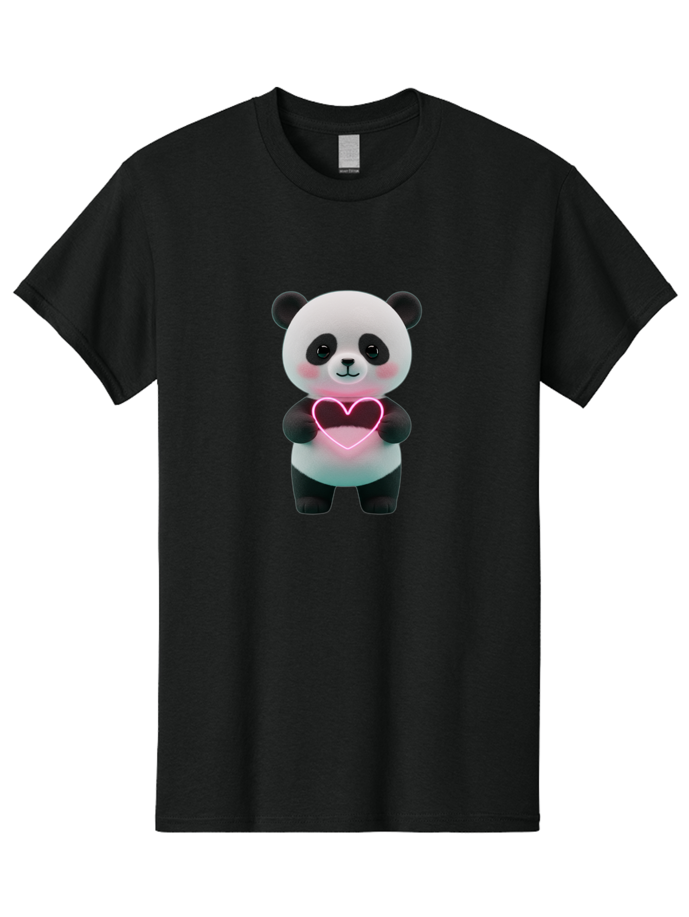 Panda-Holding-Neon-Heart Men'S Graphic Tee, 100% Cotton, Comfortable Casual Summer Wear, Machine Washable, Cute Panda, Heart Symbol, Love Gesture, Neon Heart, Adorable Animal, Cartoon Character, Pink Glow, Sweet Expression, 3D Illustration, Bae600
