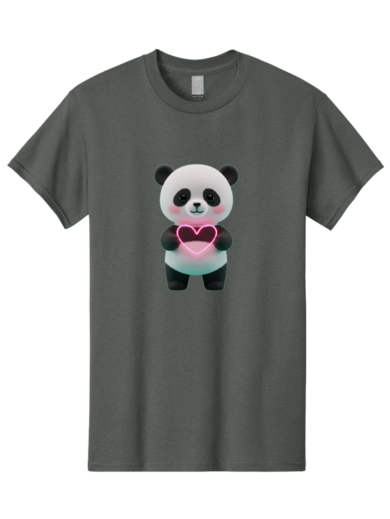 Panda-Holding-Neon-Heart Men'S Graphic Tee, 100% Cotton, Comfortable Casual Summer Wear, Machine Washable, Cute Panda, Heart Symbol, Love Gesture, Neon Heart, Adorable Animal, Cartoon Character, Pink Glow, Sweet Expression, 3D Illustration, Bae600