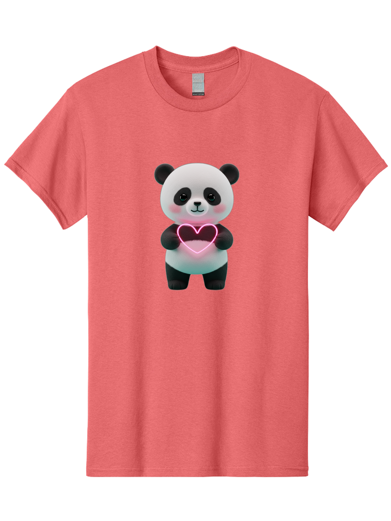 Panda-Holding-Neon-Heart Men'S Graphic Tee, 100% Cotton, Comfortable Casual Summer Wear, Machine Washable, Cute Panda, Heart Symbol, Love Gesture, Neon Heart, Adorable Animal, Cartoon Character, Pink Glow, Sweet Expression, 3D Illustration, Bae600
