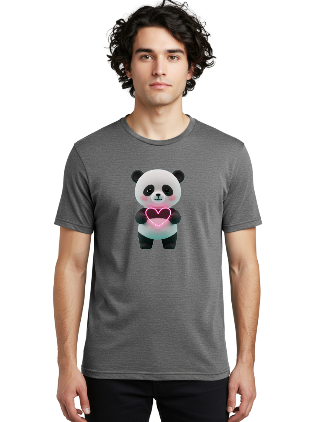Panda-Holding-Neon-Heart Men'S Graphic Tee, 100% Cotton, Comfortable Casual Summer Wear, Machine Washable, Cute Panda, Heart Symbol, Love Gesture, Neon Heart, Adorable Animal, Cartoon Character, Pink Glow, Sweet Expression, 3D Illustration, Bae600